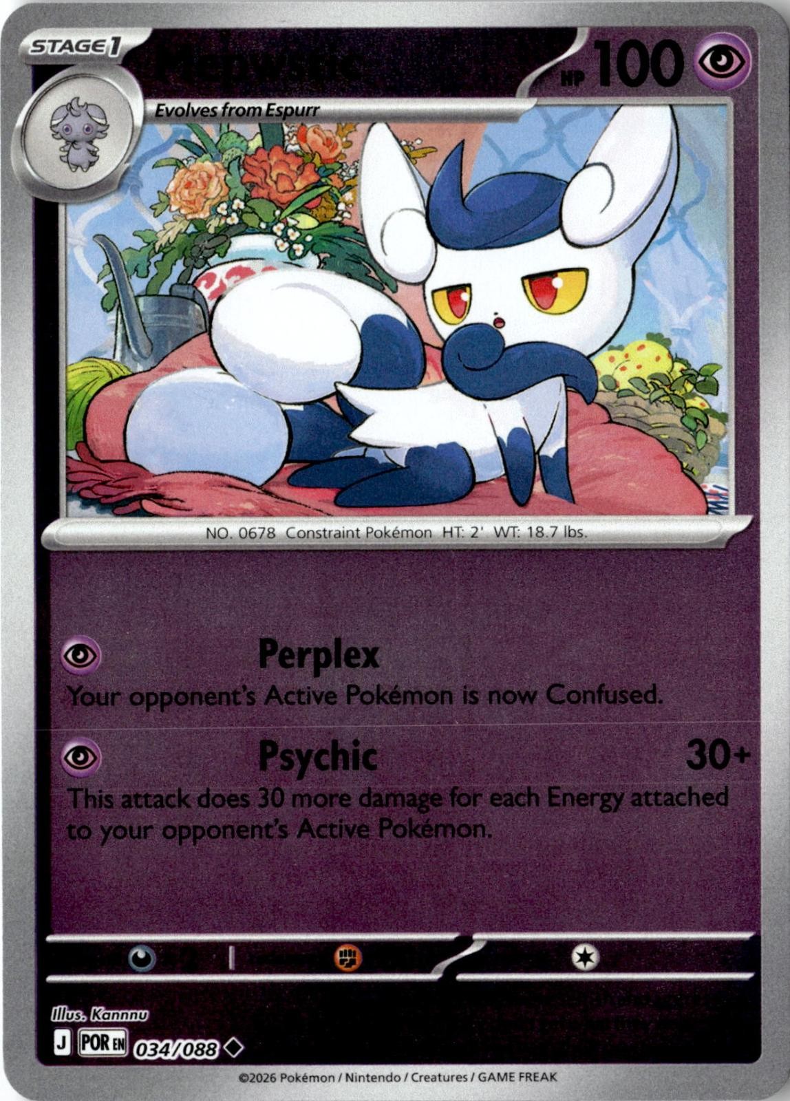 2026 POKEMON MEOWSTIC 034/088 UNCOMMON PERFECT ORDER REVERSE HOLO NEAR MINT