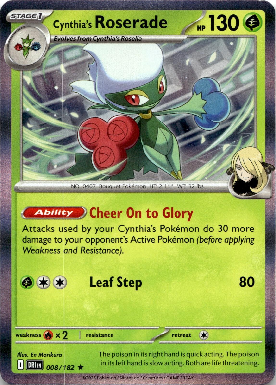 Cynthia's Roserade 008/182 Rare Destined Rivals Pokemon Holo Near Mint