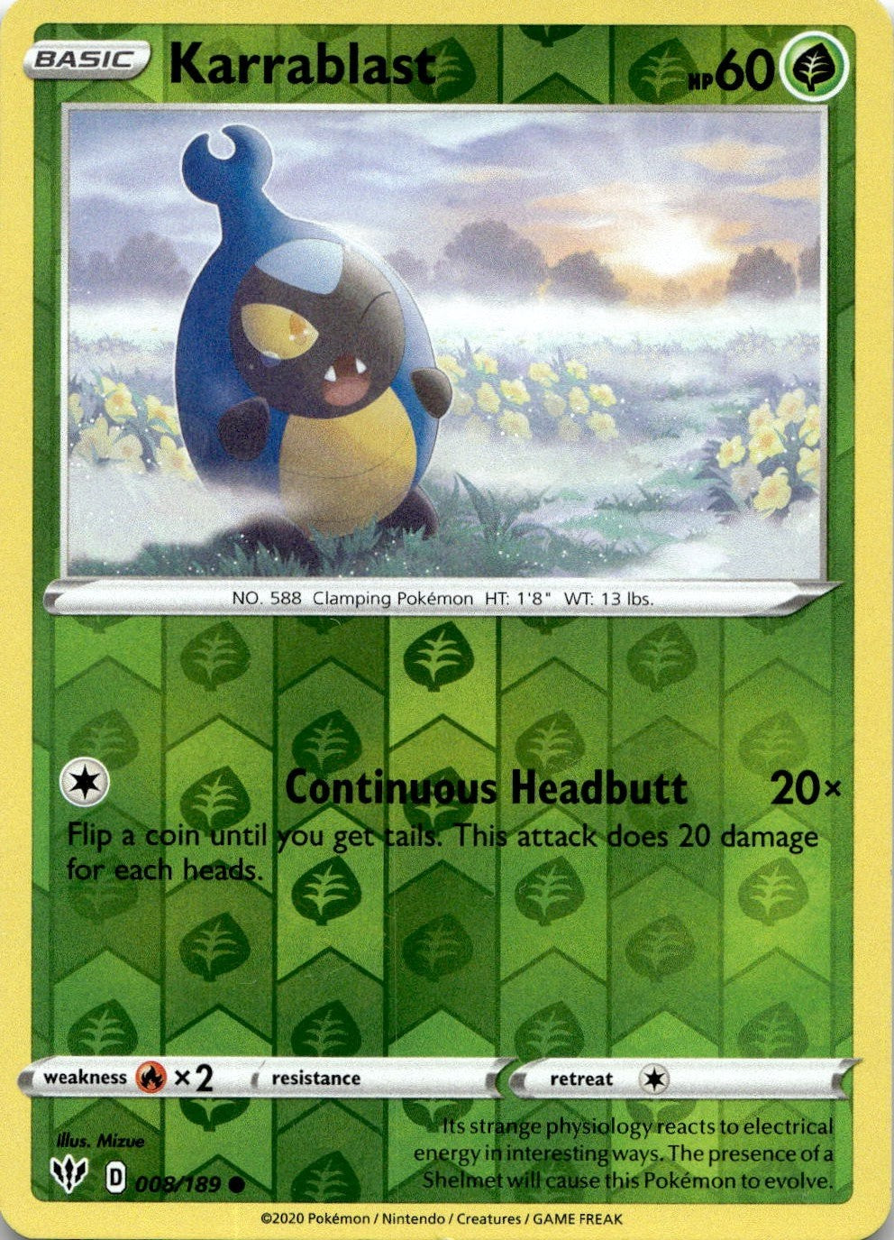 Karrablast 008/189 Common Darkness Ablaze Pokemon Reverse Holo Near Mint
