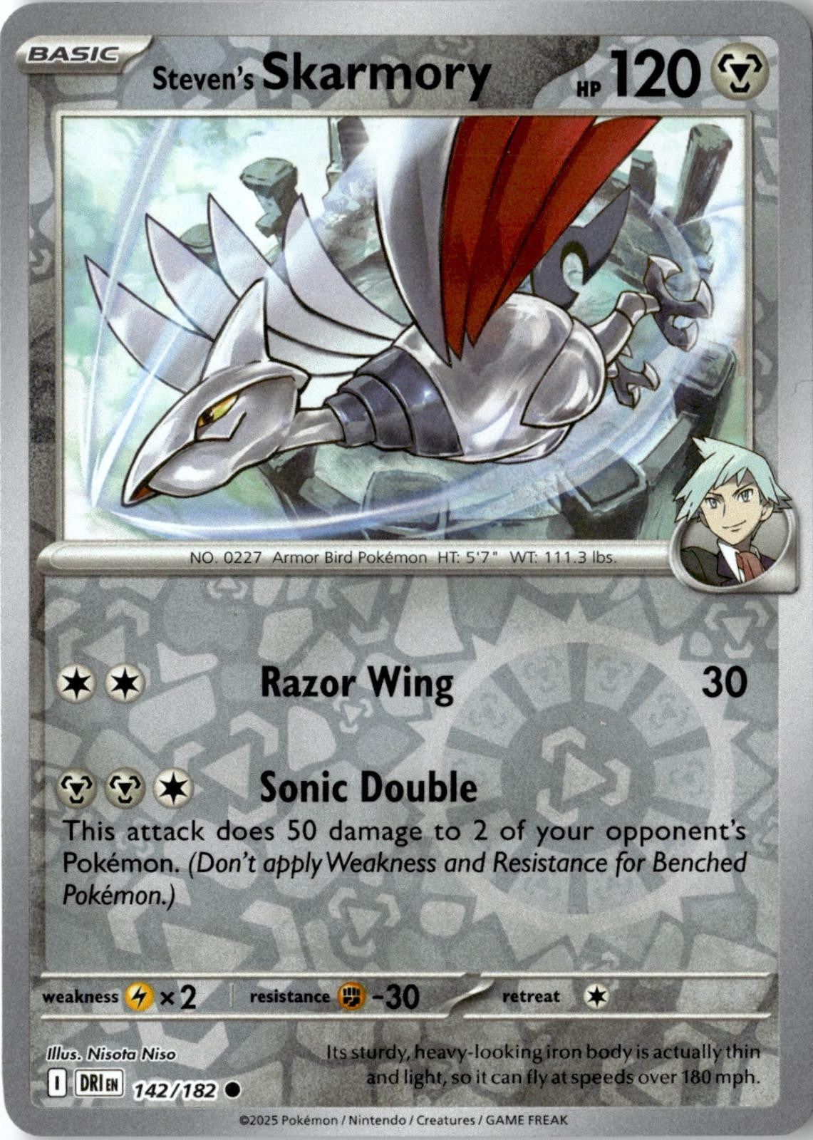 2025 POKEMON STEVEN'S SKARMORY 142/182 COMMON DESTINED RIVALS REVERSE HOLO NM