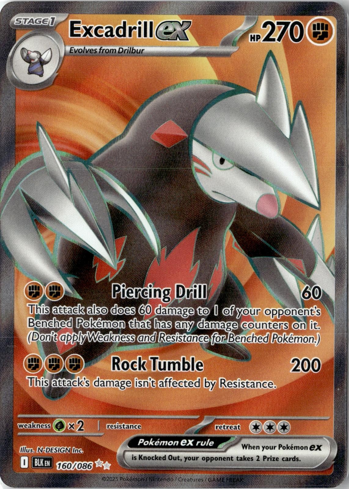 2025 POKEMON EXCADRILL EX 160/086 HOLO ULTRA RARE BLACK BOLT NEAR MINT