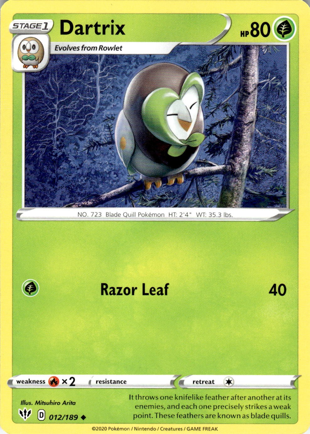 Dartrix 012/189 Uncommon Darkness Ablaze Pokemon Near Mint