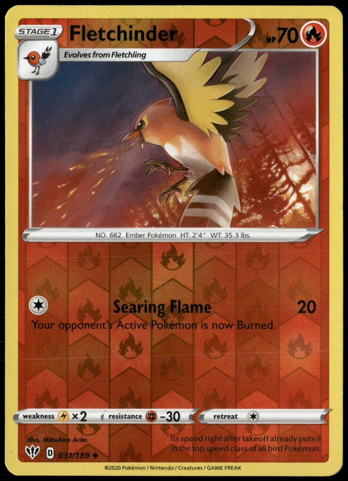 Fletchinder Reverse Holo Uncommon SWSH03: Darkness Ablaze 031/189 NM