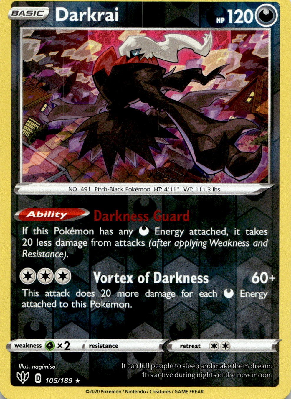 Darkrai 105/189 Rare Darkness Ablaze Pokemon Reverse Holo Lightly Played