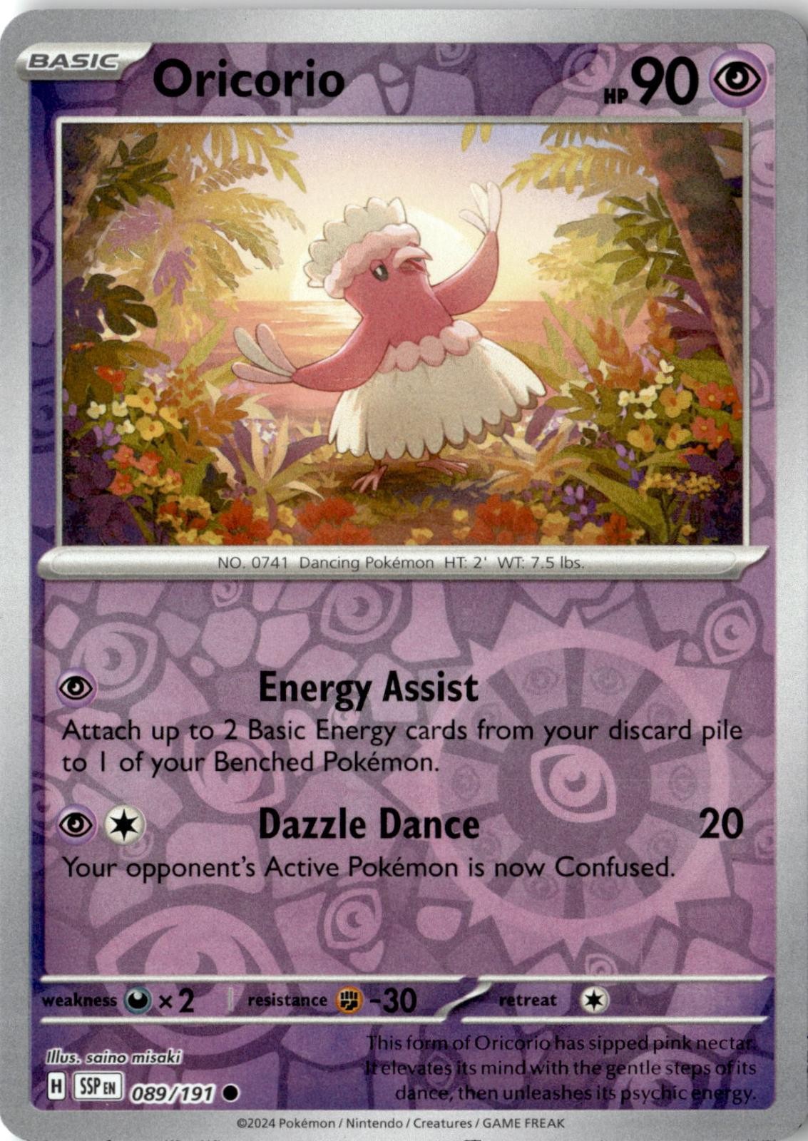 2024 POKEMON ORICORIO 089/191 COMMON SURGING SPARKS REVERSE HOLO NEAR MINT