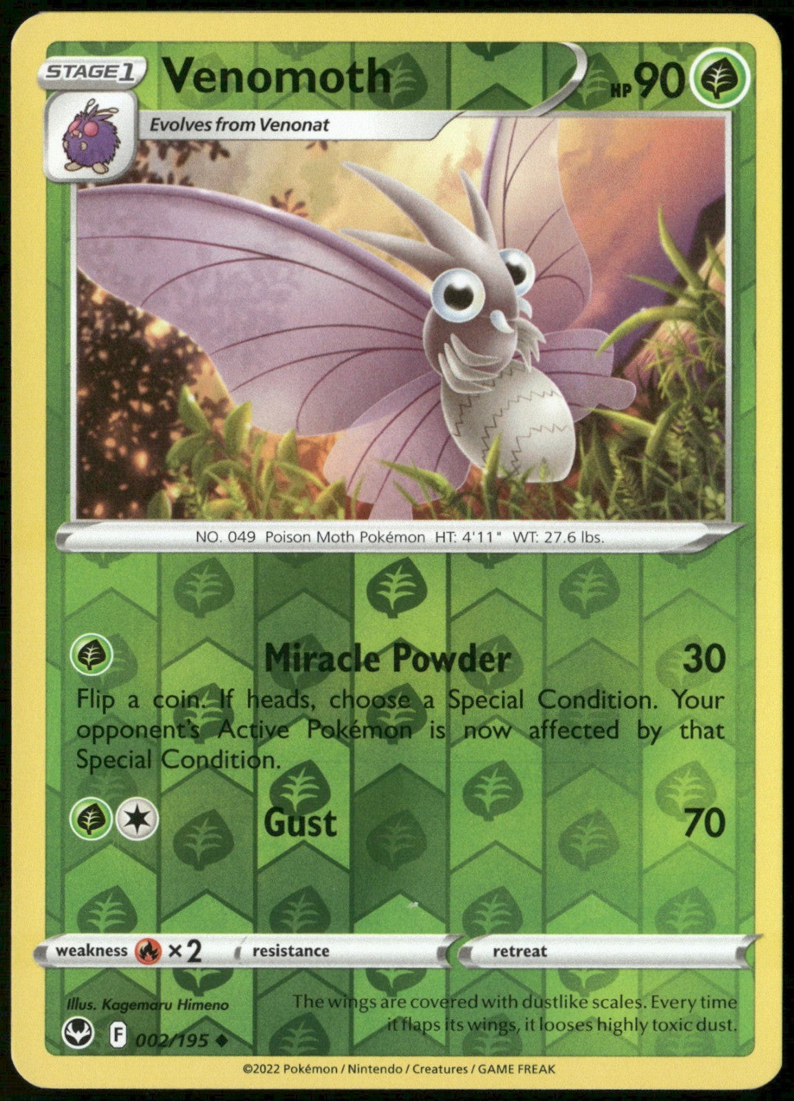 Venomoth Reverse Holo Uncommon SWSH12: Silver Tempest 002/195 NM