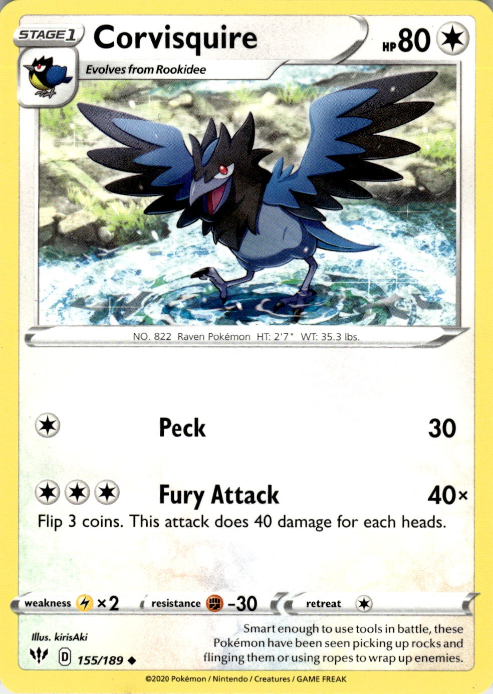 Corvisquire 155/189 Uncommon Darkness Ablaze Pokemon Near Mint