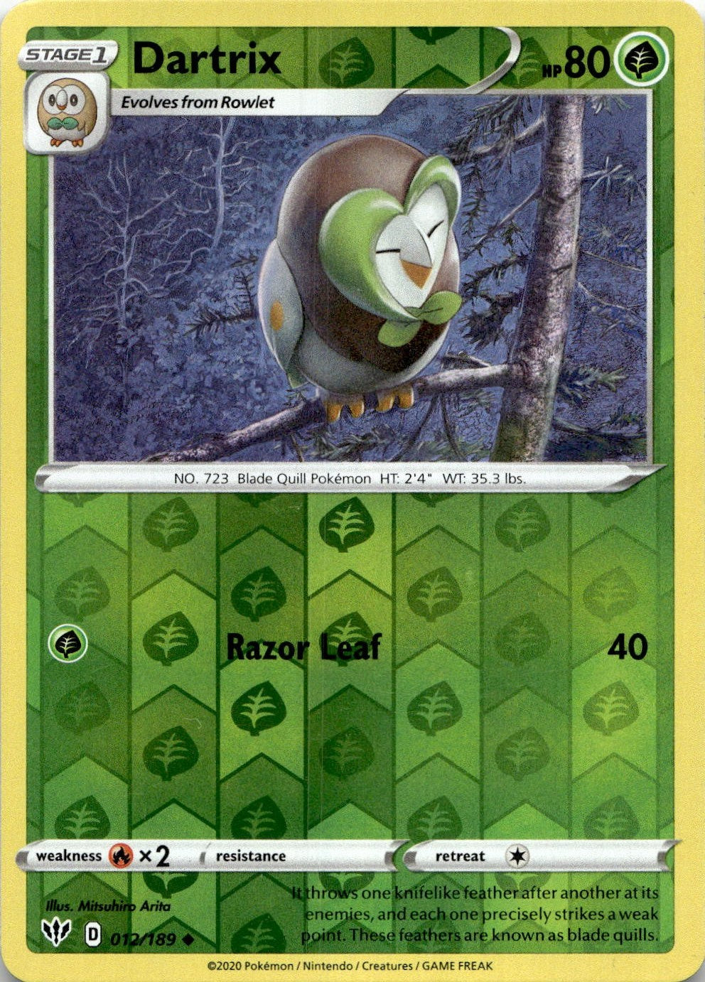 Dartrix 012/189 Uncommon Darkness Ablaze Pokemon Reverse Holo Lightly Played