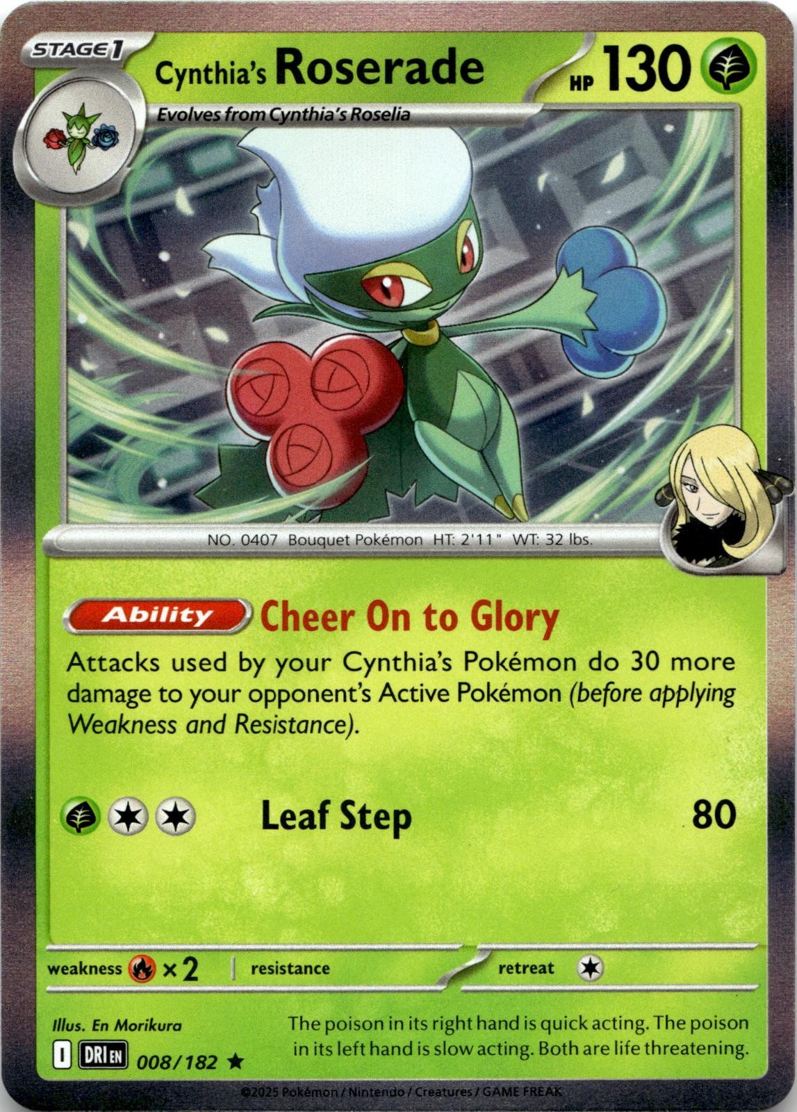 Cynthia's Roserade 008/182 Rare Destined Rivals Pokemon Holo Near Mint