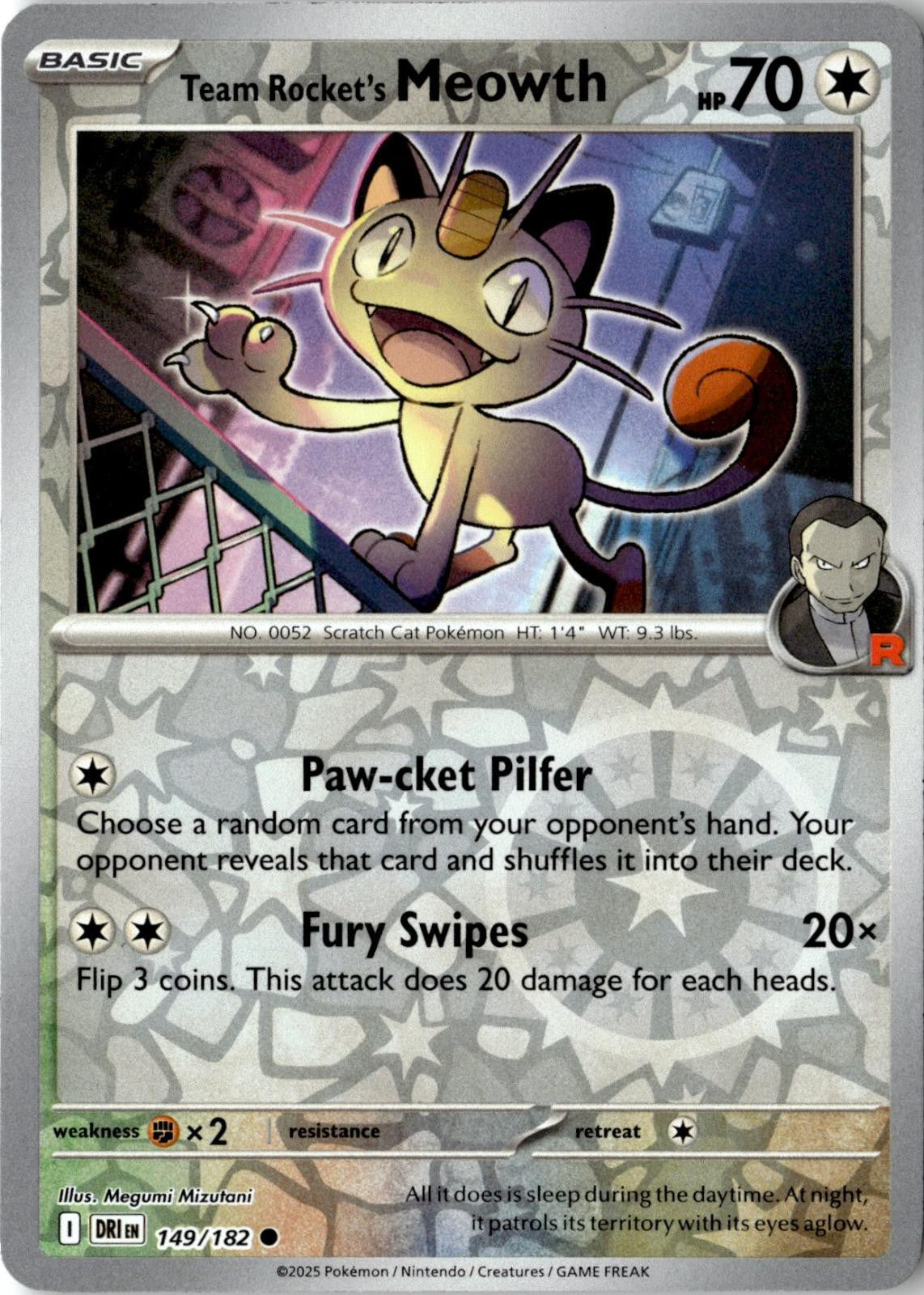2025 POKEMON TEAM ROCKET'S MEOWTH 149/182 COMMON DESTINED RIVALS REVERSE HOLO NM