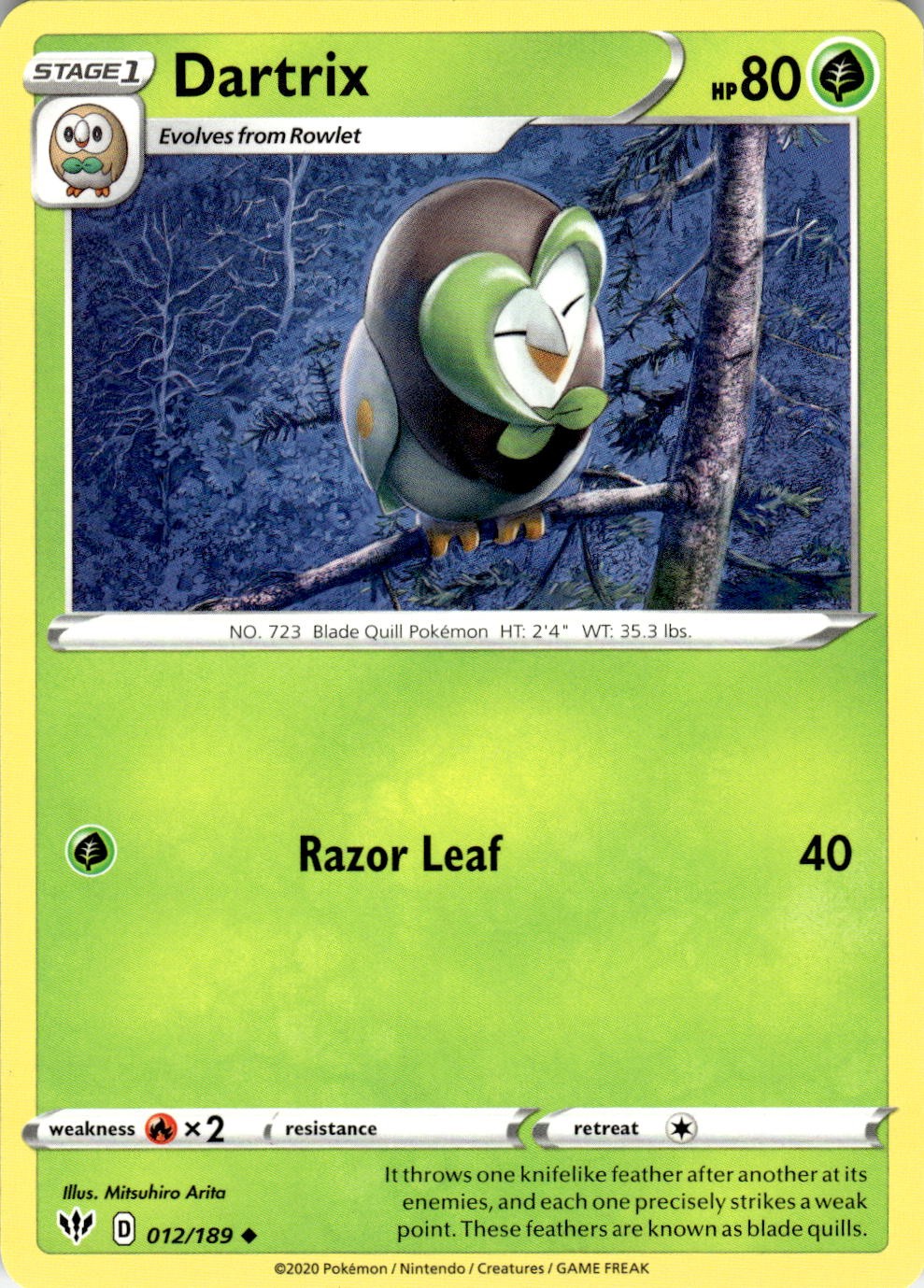 Dartrix 012/189 Uncommon Darkness Ablaze Pokemon NM