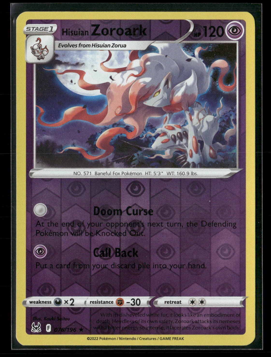 Hisuian Zoroark Reverse Holo Holo Rare SWSH11: Lost Origin 076/196 NM