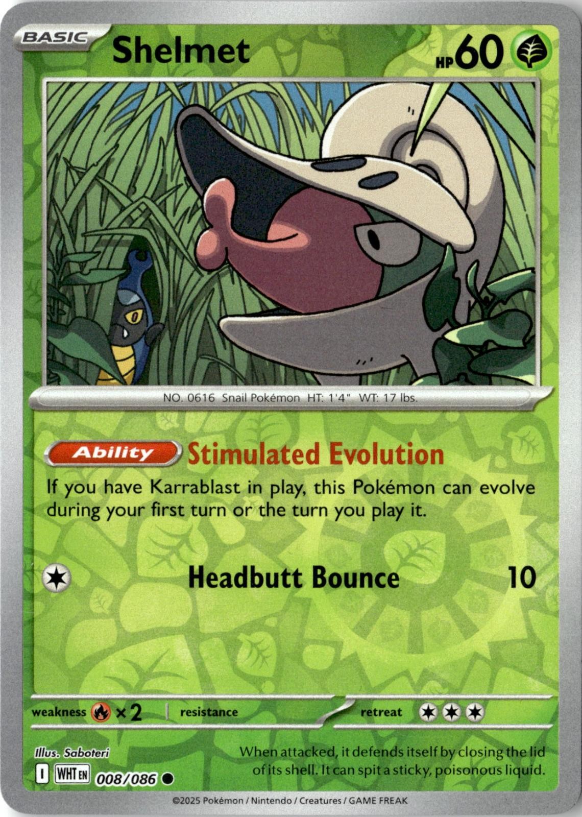 2025 POKEMON SHELMET 008/086 COMMON WHITE FLARE REVERSE HOLO NEAR MINT