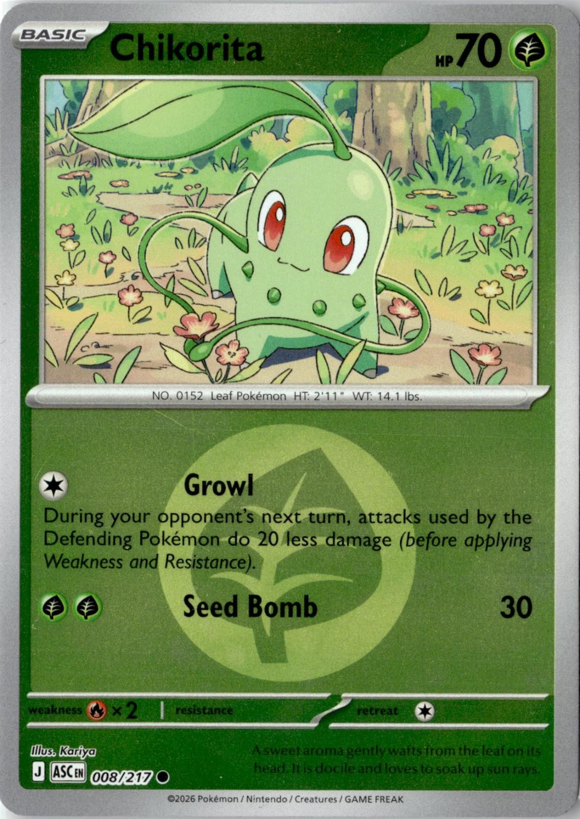 POKEMON CHIKORITA (ENERGY SYMBOL) 008/217 ASCENDED HEROES REVERSE HOLO NM