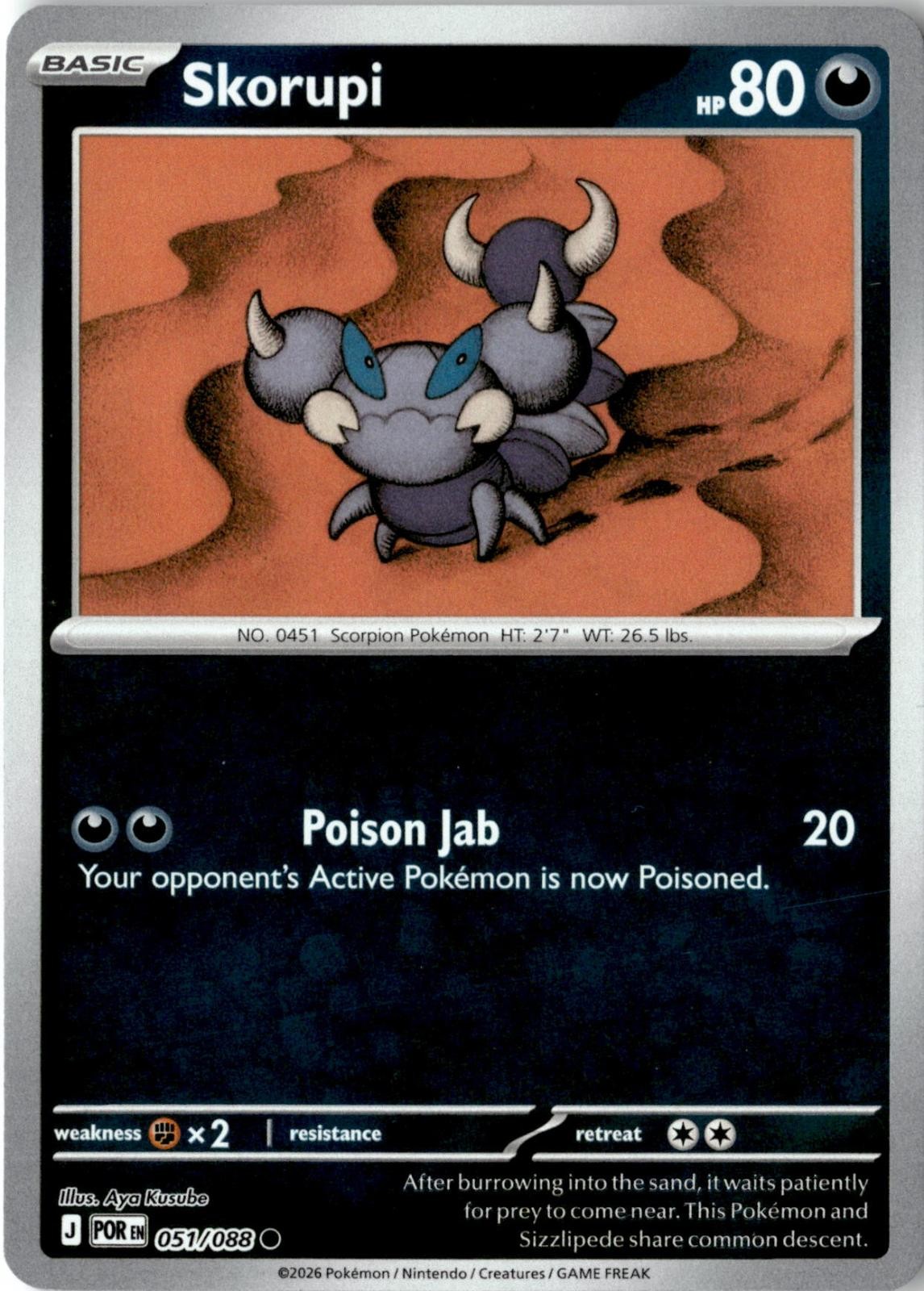 2026 POKEMON SKORUPI 051/088 COMMON PERFECT ORDER REVERSE HOLO NEAR MINT