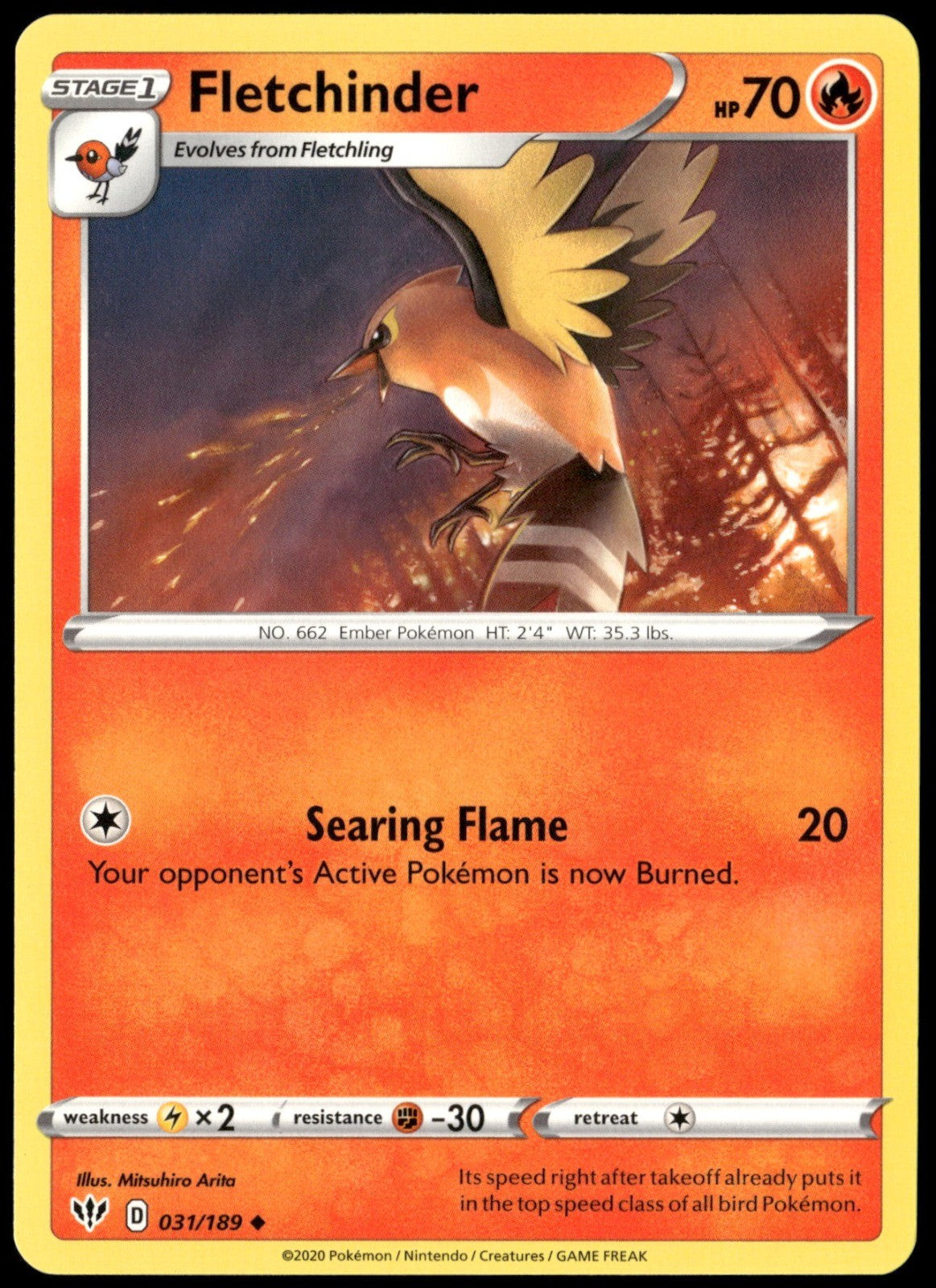 Fletchinder Uncommon SWSH03: Darkness Ablaze 031/189 NM