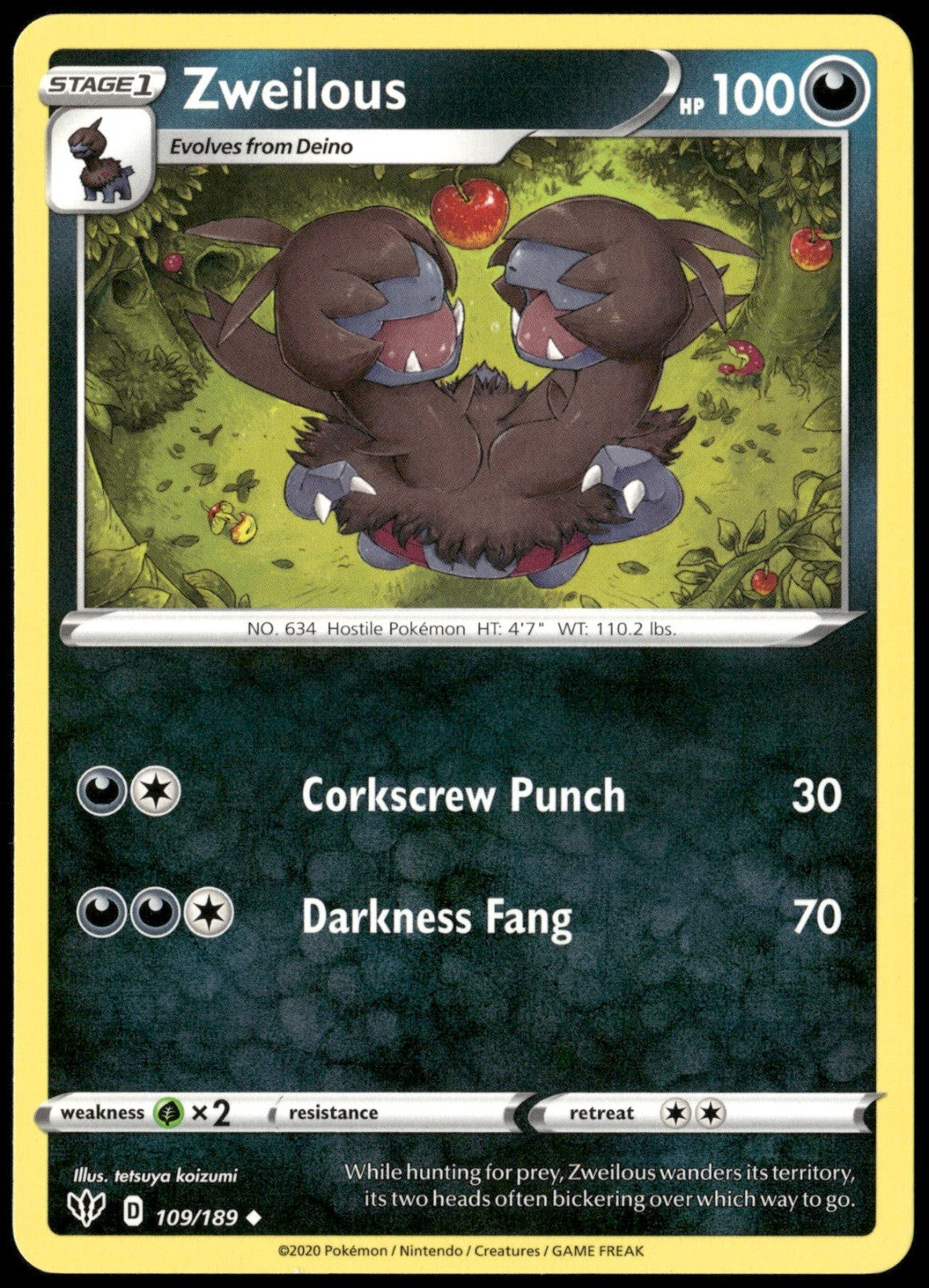 Zweilous Uncommon SWSH03: Darkness Ablaze 109/189 NM