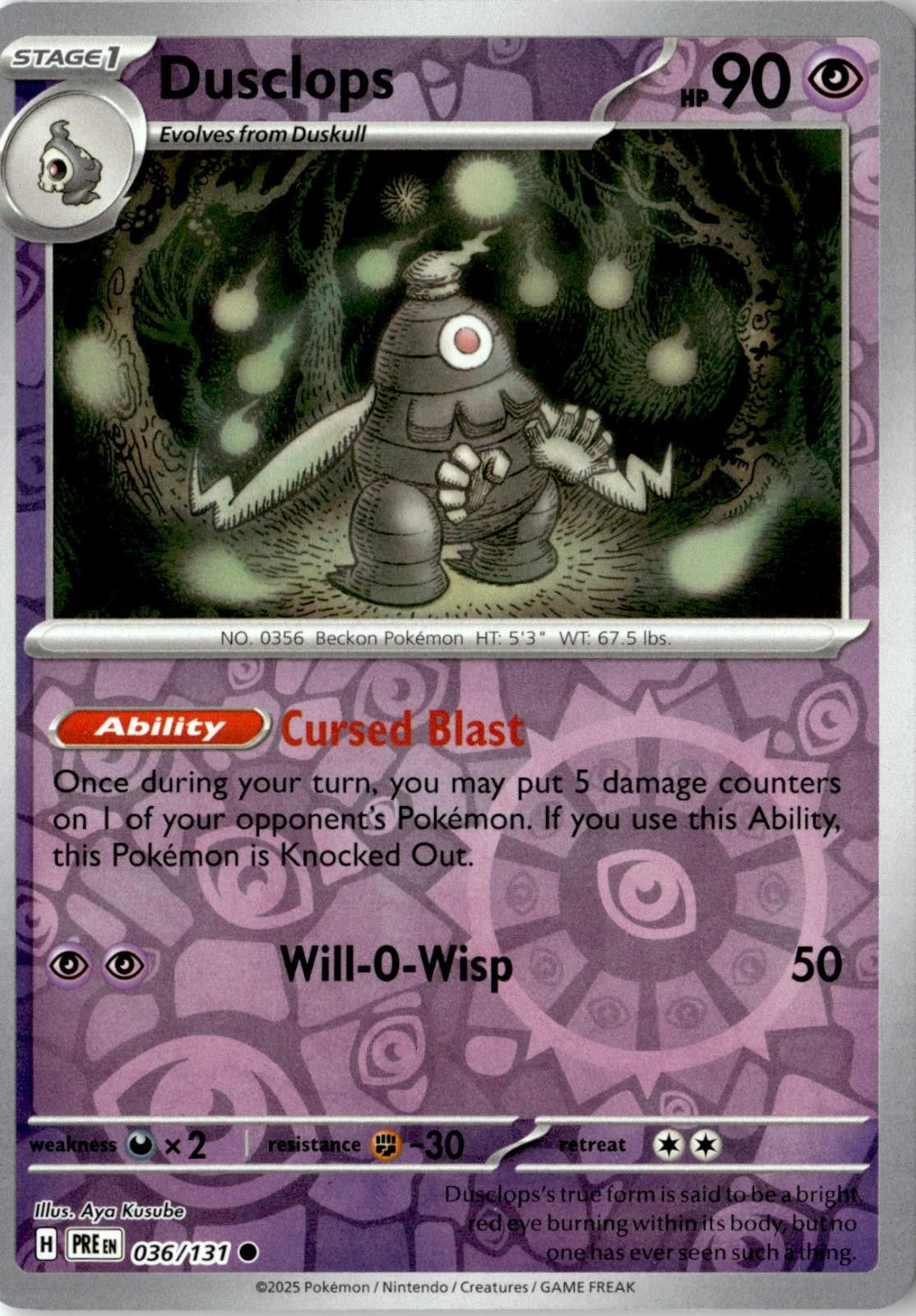 2025 POKEMON DUSCLOPS 036/131 COMMON PRISMATIC EVOLUTIONS REVERSE HOLO NEAR MINT