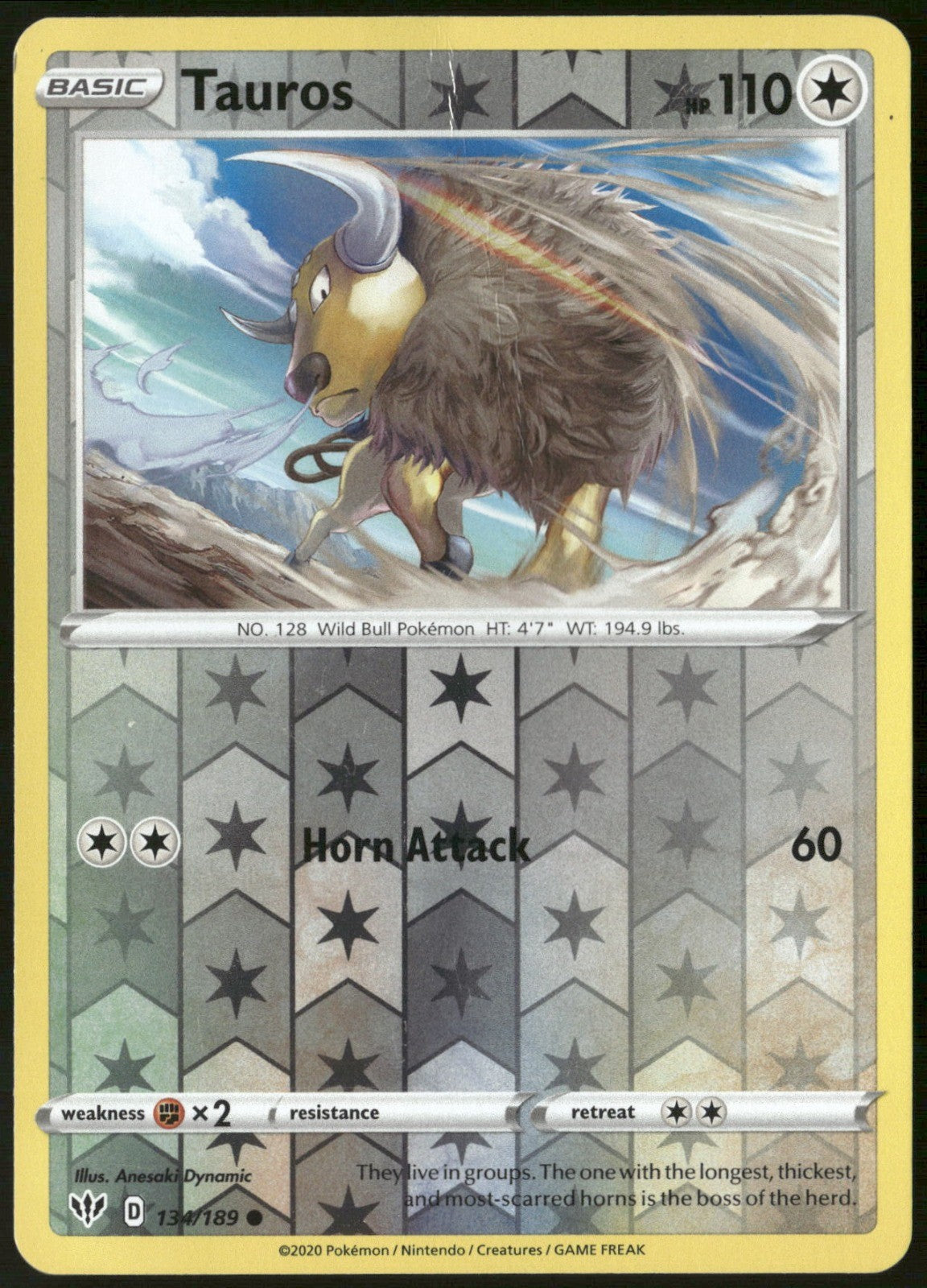 Tauros Reverse Holo Common SWSH03: Darkness Ablaze 134/189 NM