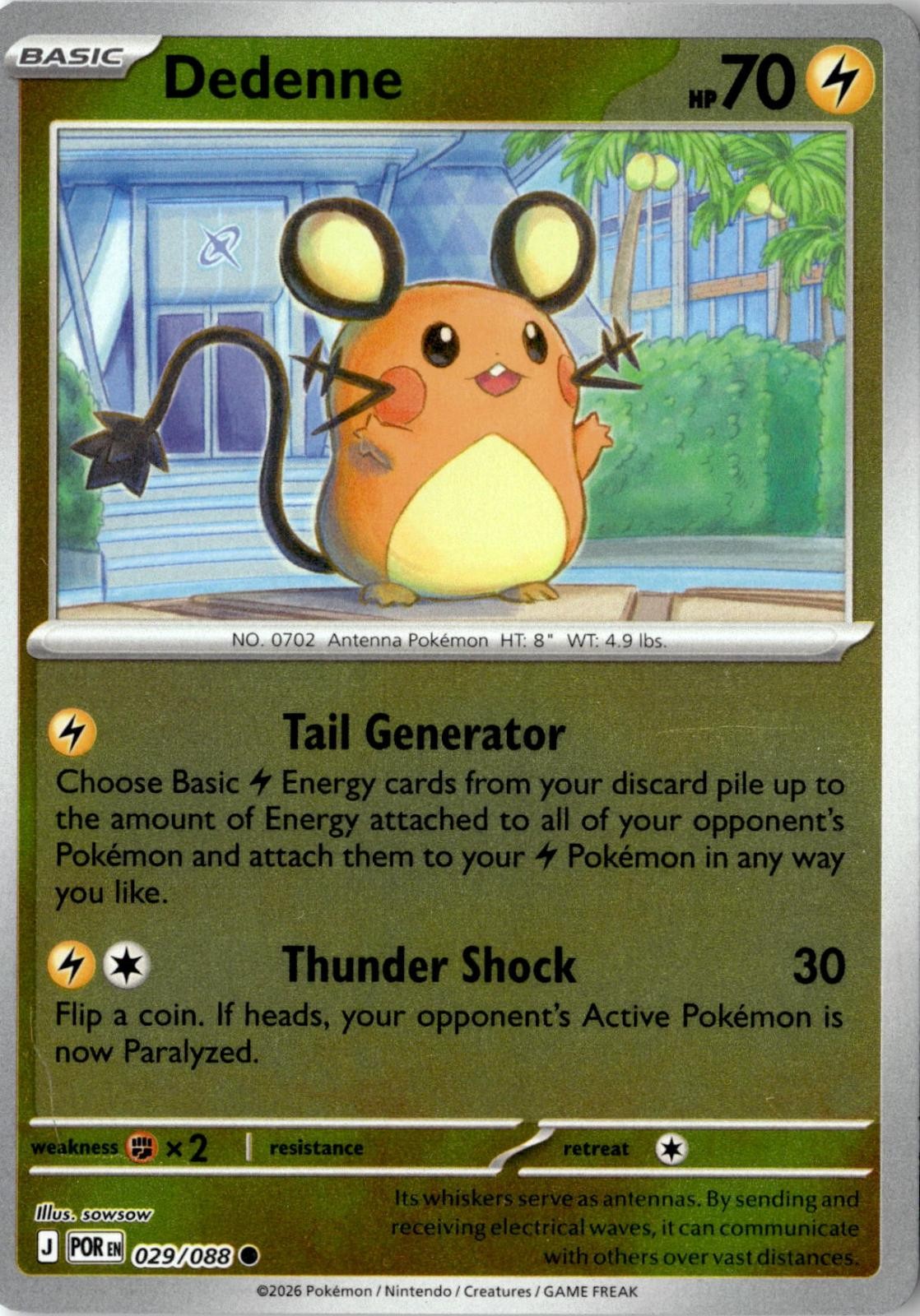 2026 POKEMON DEDENNE 029/088 COMMON PERFECT ORDER REVERSE HOLO NEAR MINT