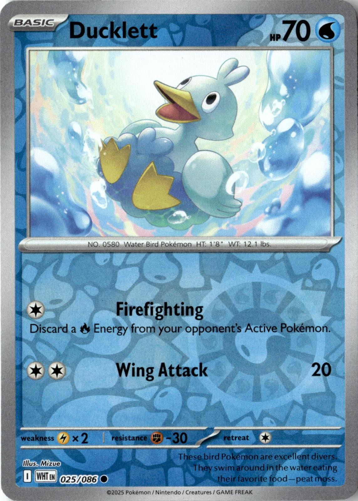 2025 POKEMON DUCKLETT 025/086 COMMON WHITE FLARE REVERSE HOLO NEAR MINT