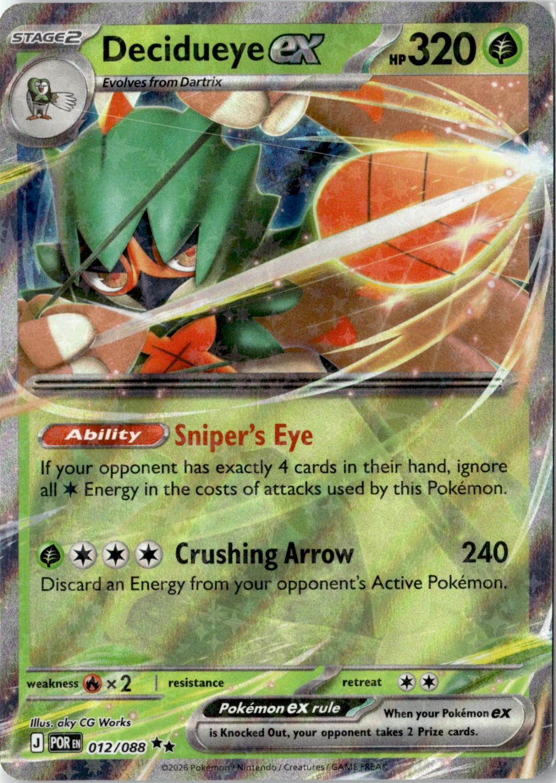 2026 POKEMON DECIDUEYE EX 012/088 DOUBLE RARE PERFECT ORDER HOLO NEAR MINT