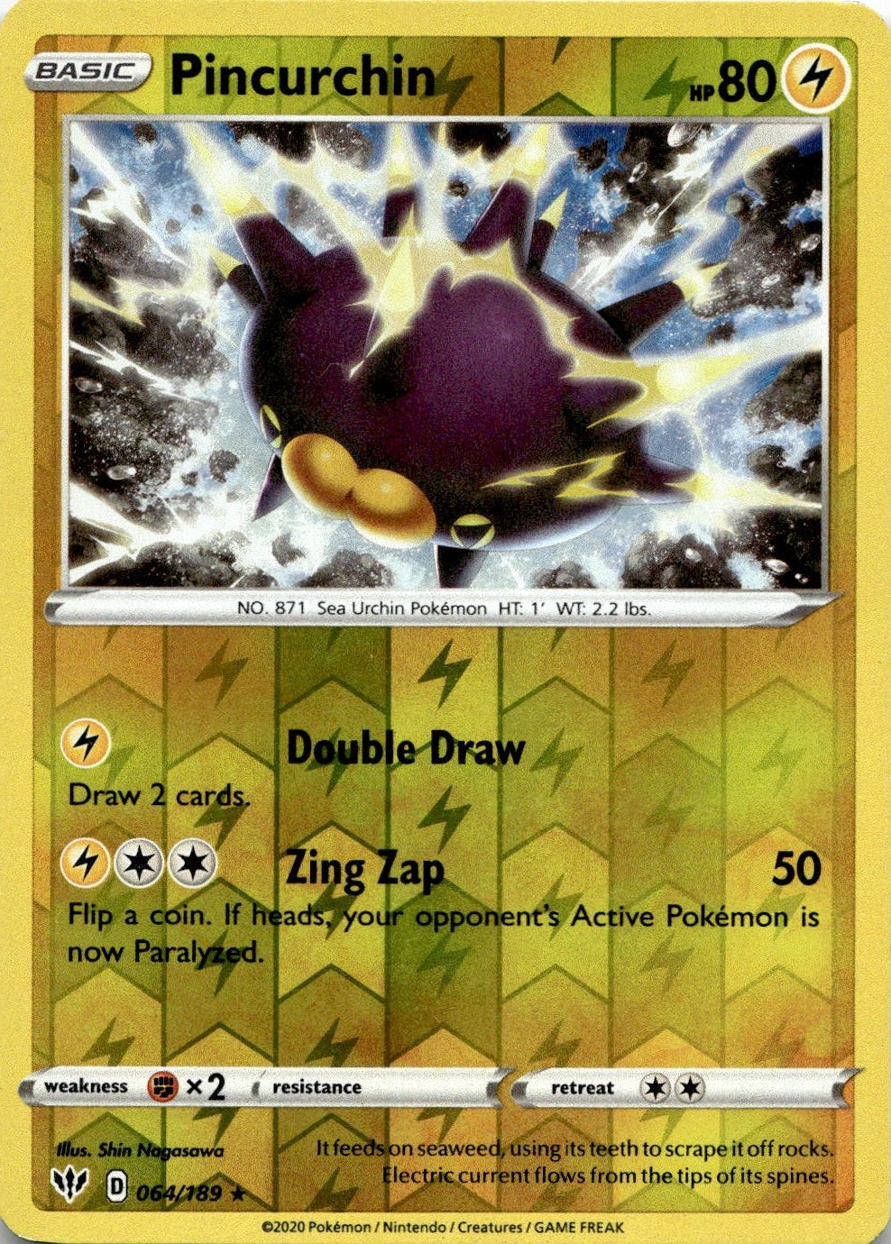 Pincurchin 064/189 Rare Darkness Ablaze Pokemon Reverse Holo Lightly Played