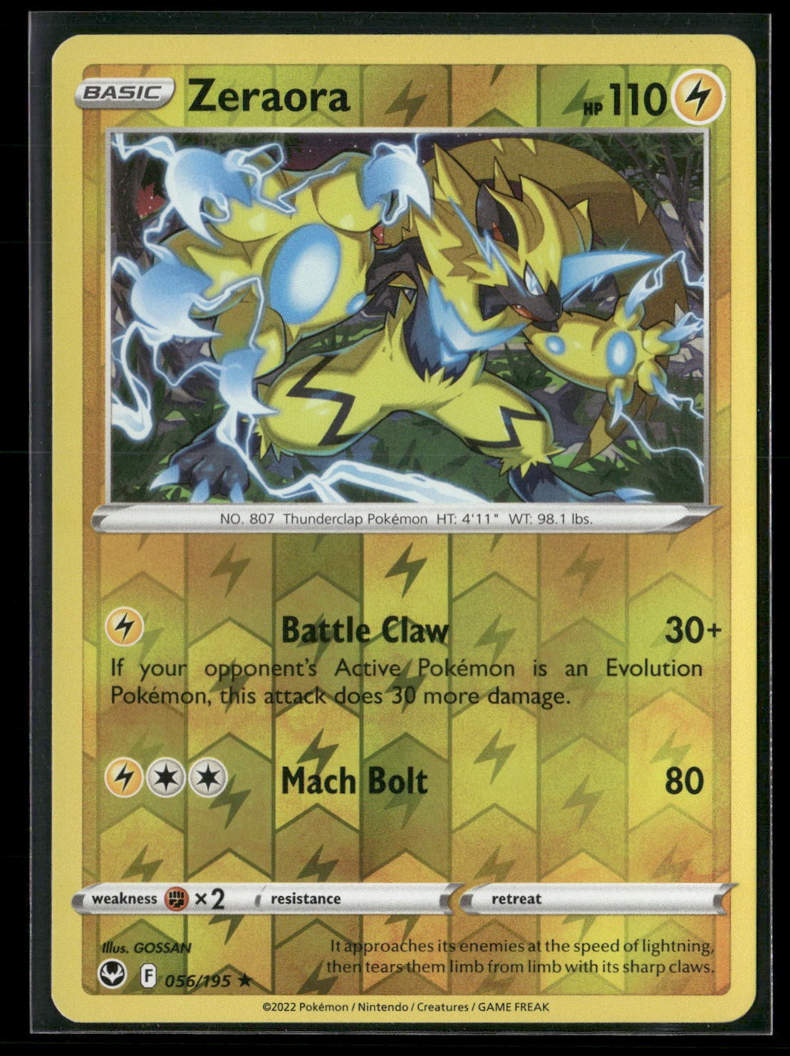Zeraora Reverse Holo Rare SWSH12: Silver Tempest 056/195 NM