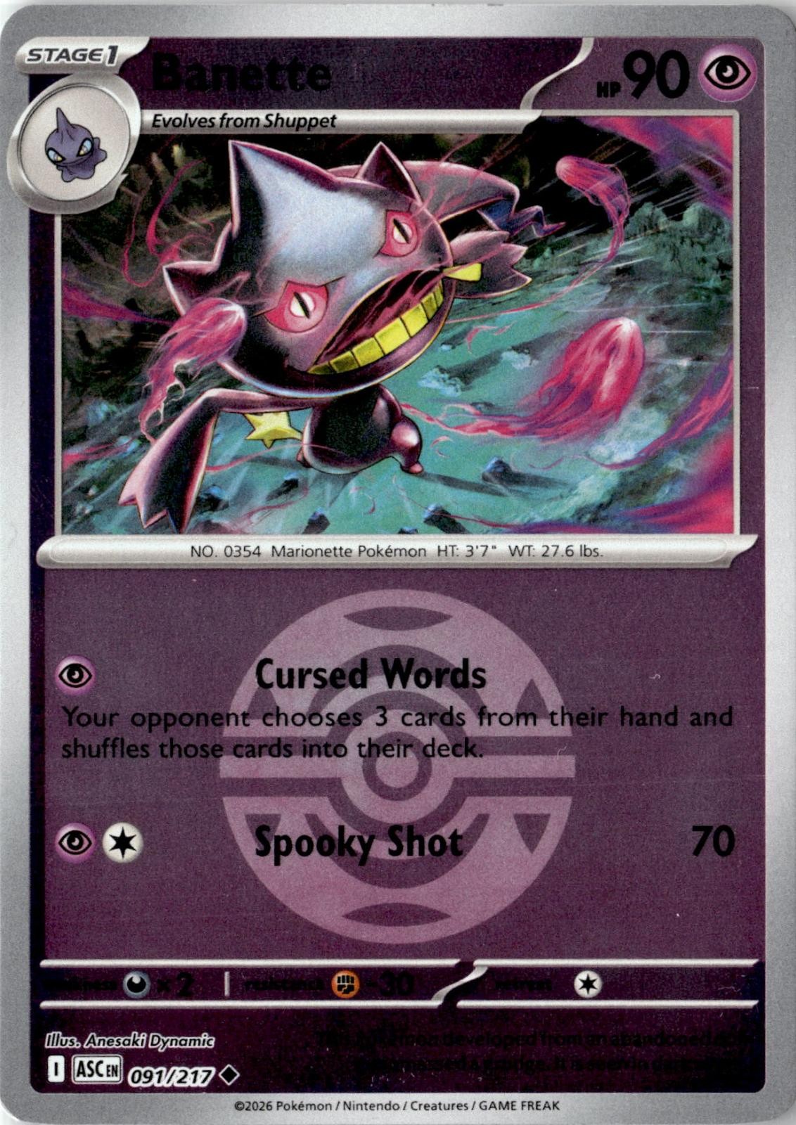 POKEMON BANETTE (DUSK BALL) 091/217 UNCOMMON ASCENDED HEROES REVERSE HOLO NM