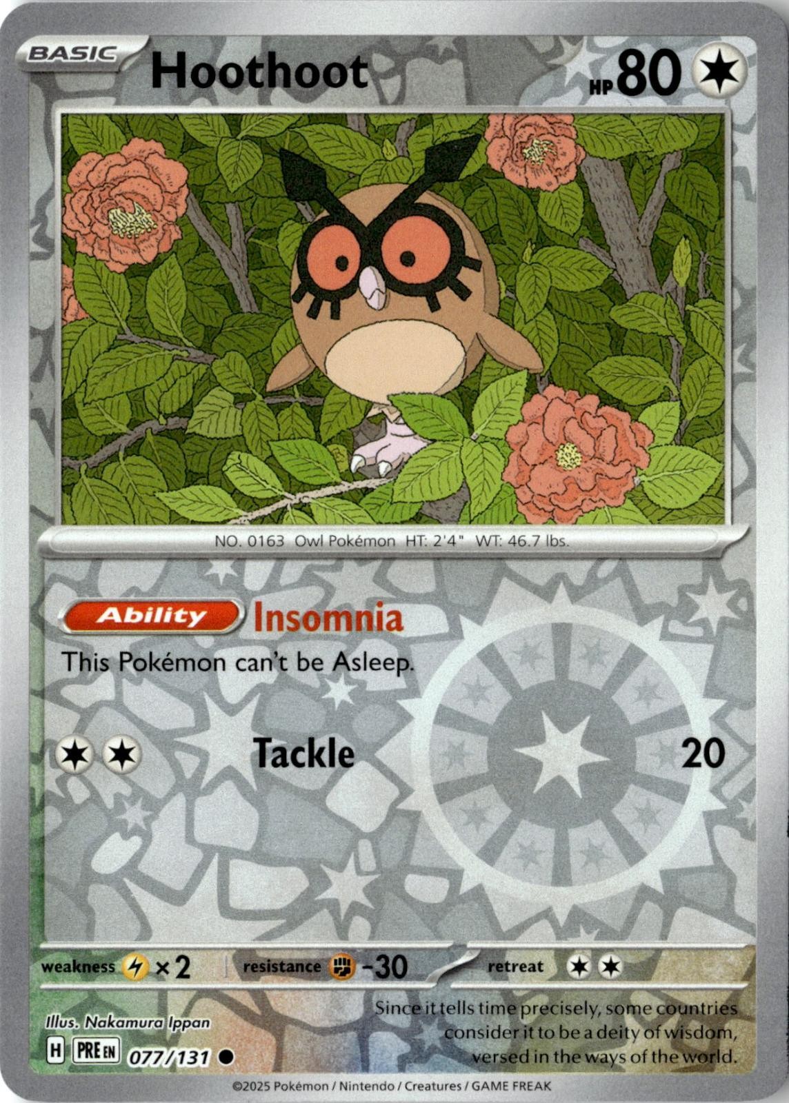 2025 POKEMON HOOTHOOT 077/131 COMMON PRISMATIC EVOLUTIONS REVERSE HOLO NEAR MINT