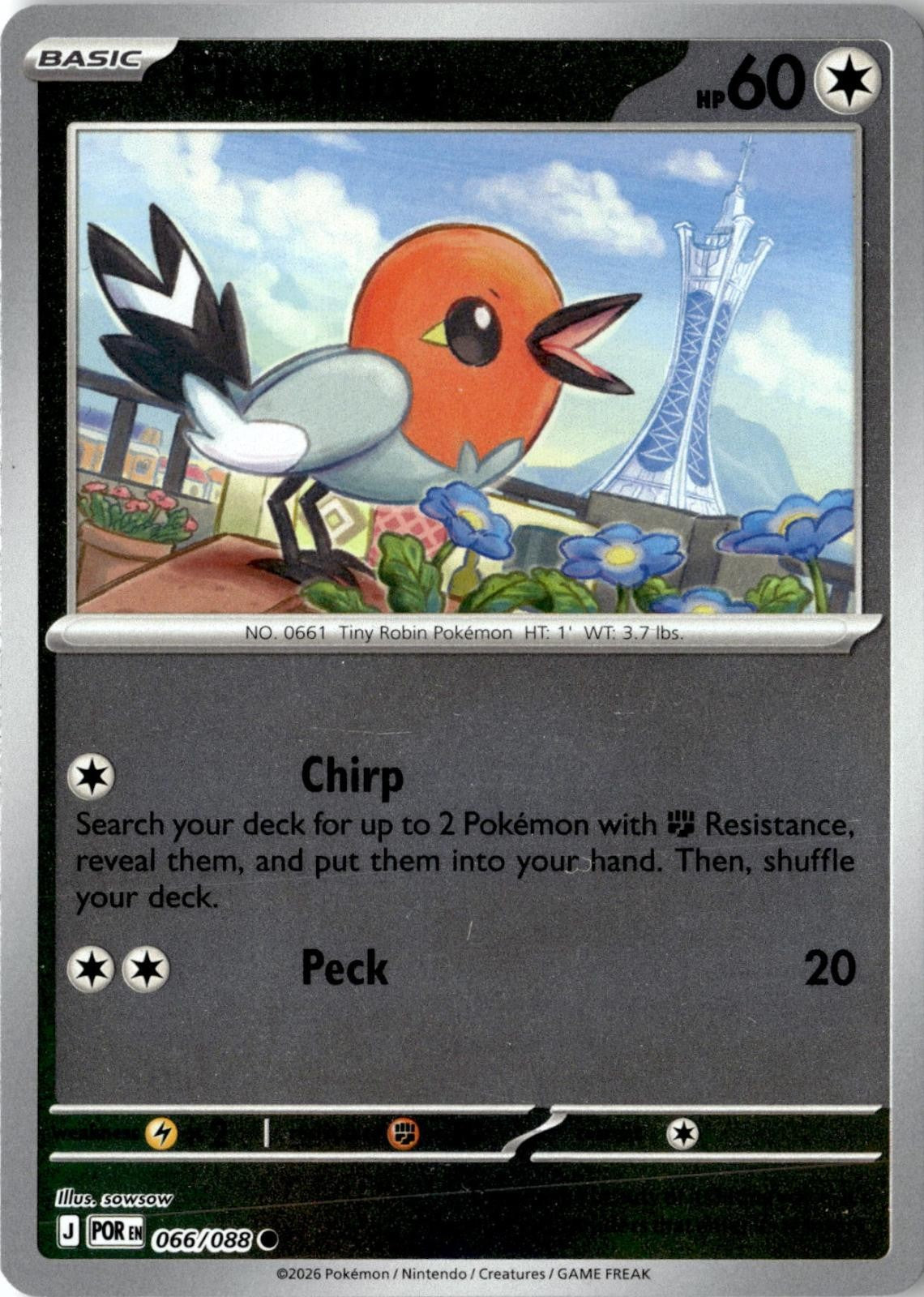2026 POKEMON FLETCHLING 066/088 COMMON PERFECT ORDER REVERSE HOLO NEAR MINT