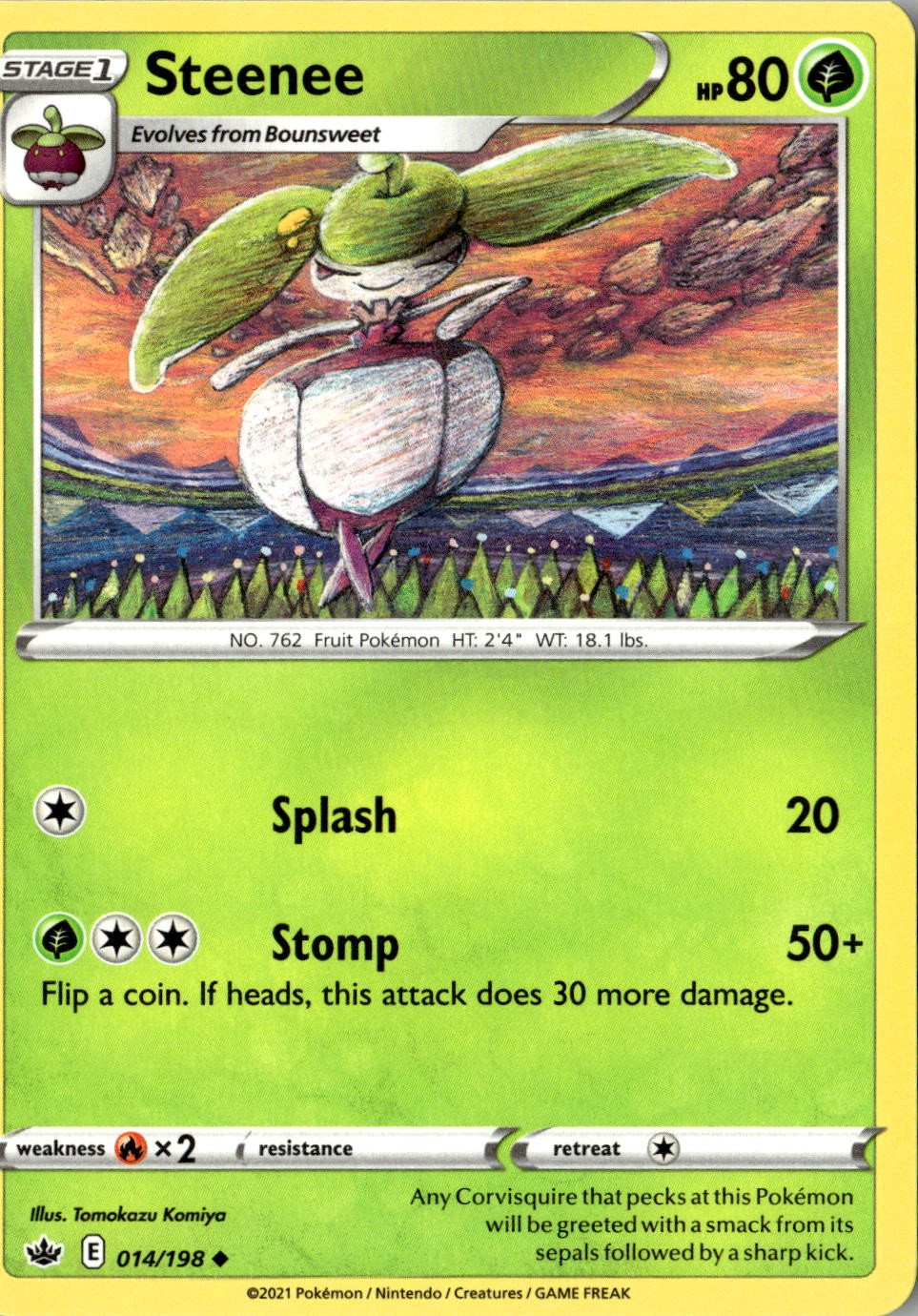 2021 POKEMON STEENEE 014/198 UNCOMMON CHILLING REIGN NEAR MINT