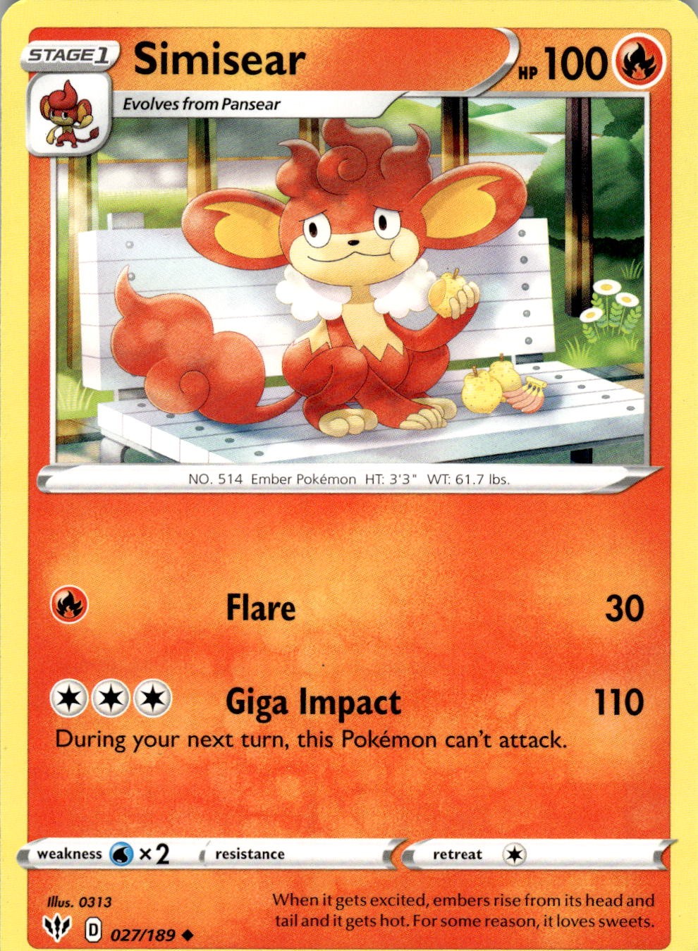 Simisear 027/189 Uncommon Darkness Ablaze Pokemon Lightly Played