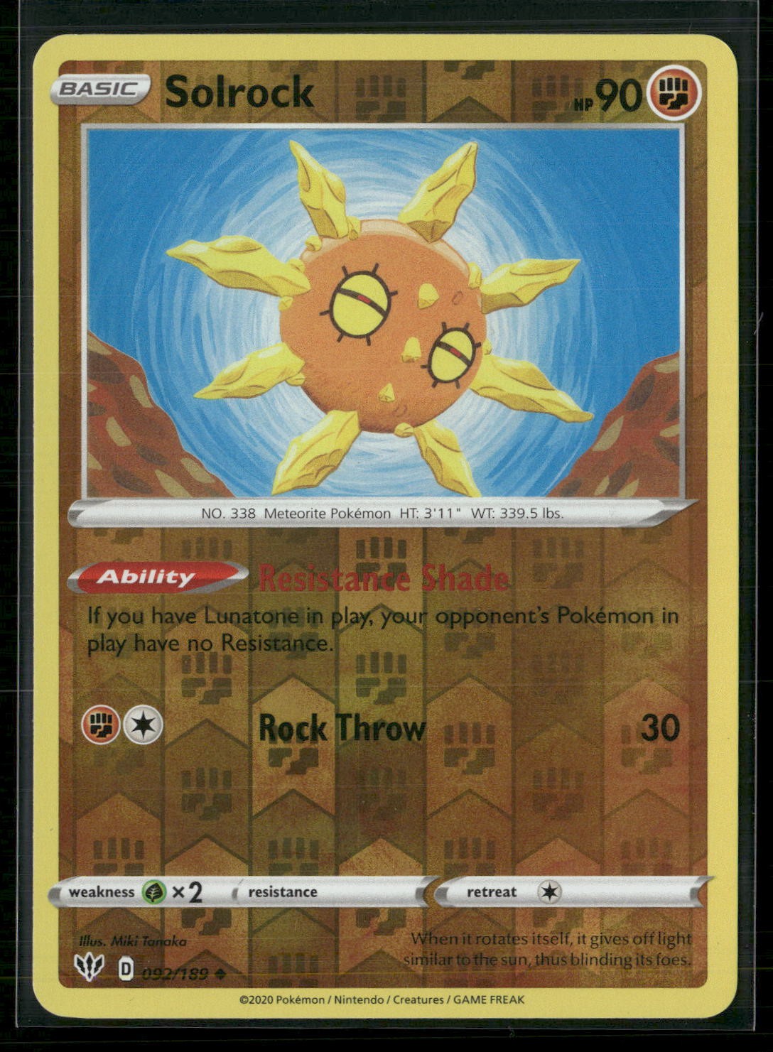 Solrock Reverse Holo Uncommon SWSH03: Darkness Ablaze 092/189 NM