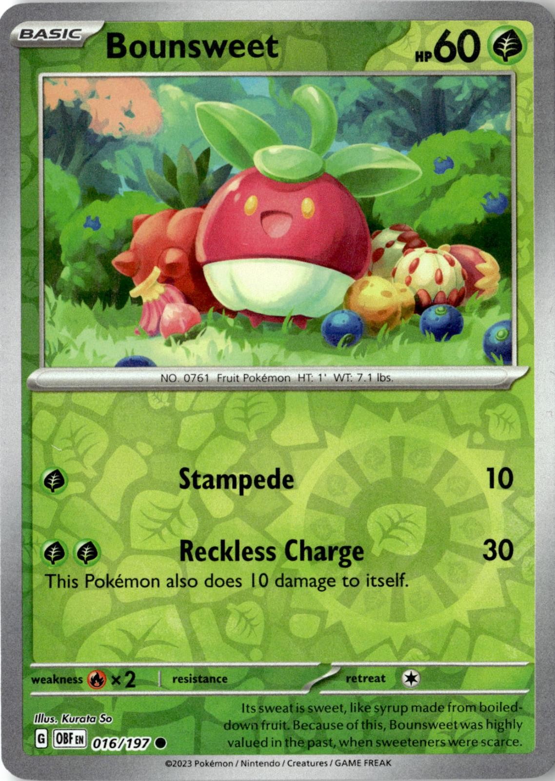 2023 POKEMON BOUNSWEET 016/197 COMMON OBSIDIAN FLAMES REVERSE HOLO NEAR MINT