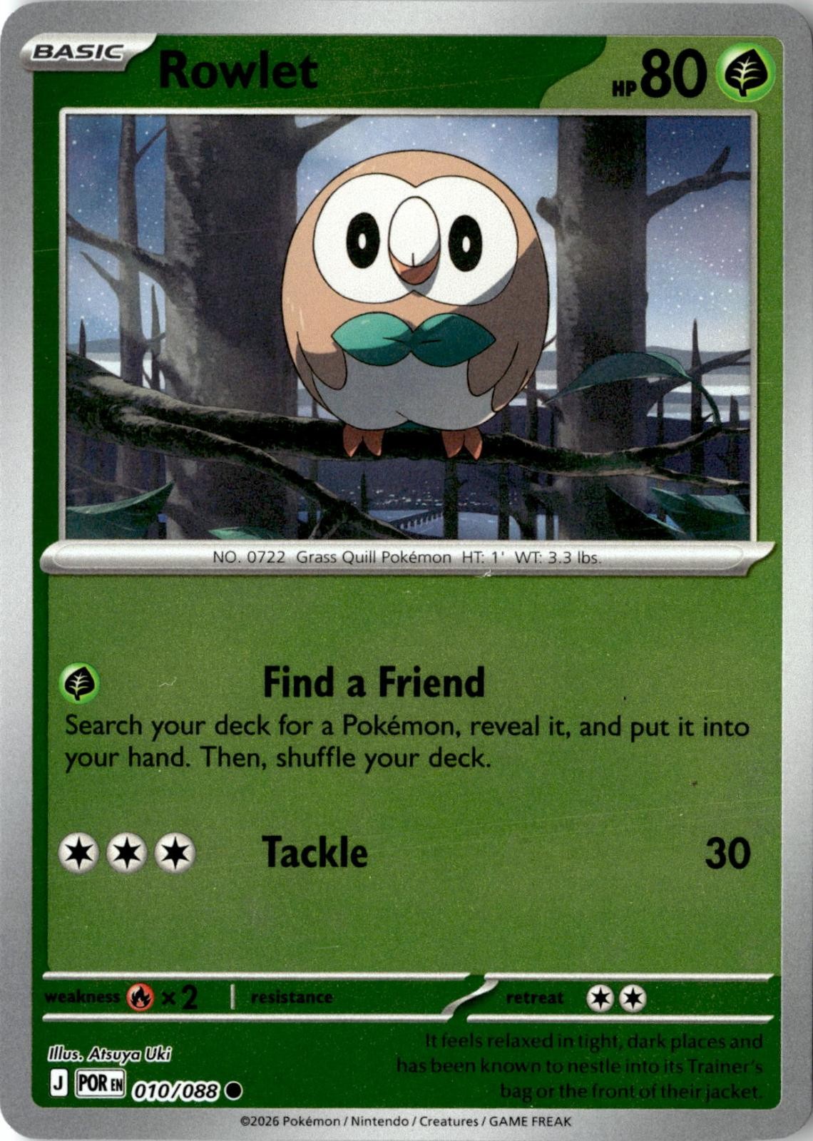 2026 POKEMON ROWLET 010/088 COMMON PERFECT ORDER REVERSE HOLO NEAR MINT