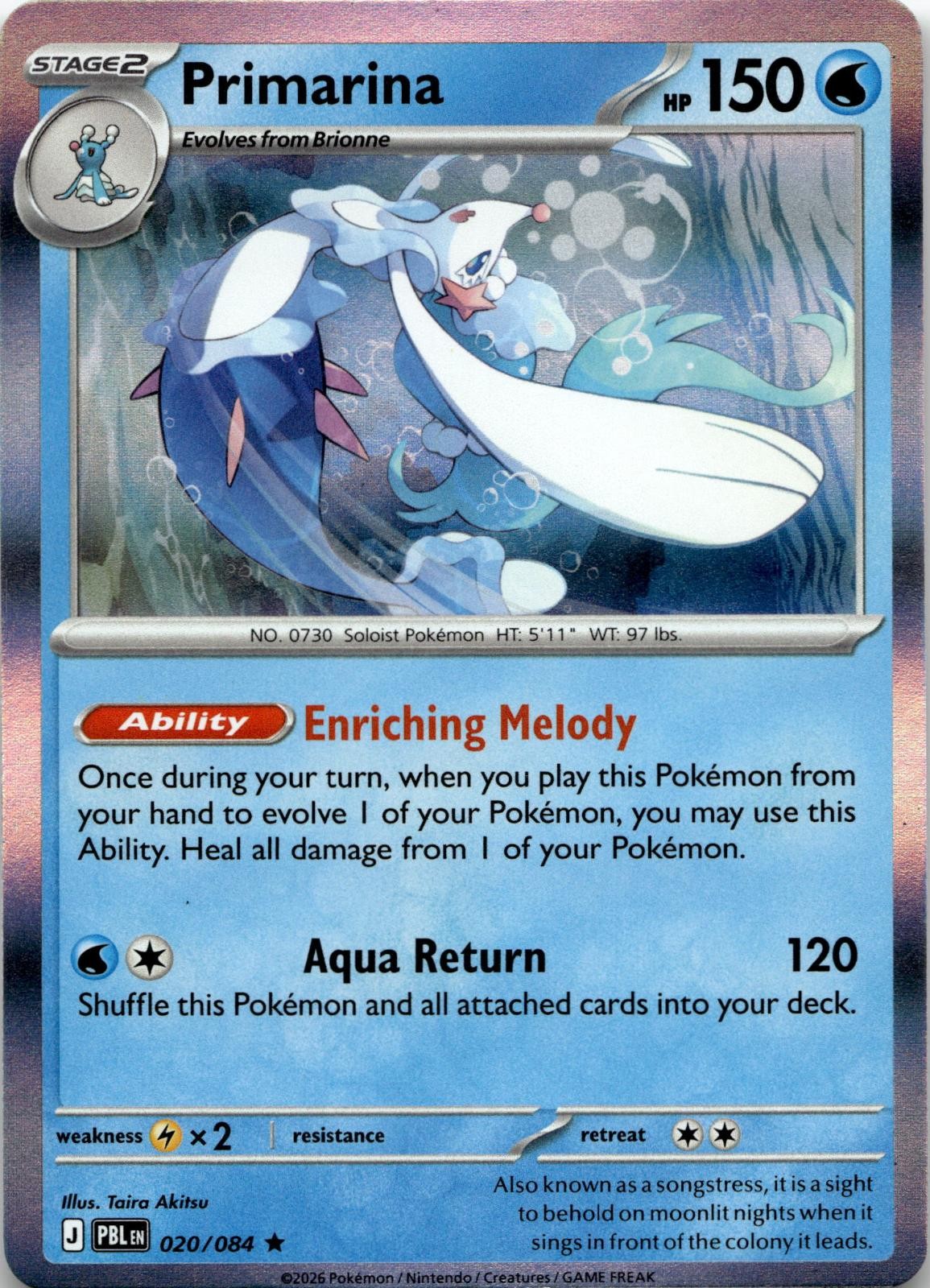 Primarina 020/084 Rare Pitch Black Pokemon Holo Near Mint