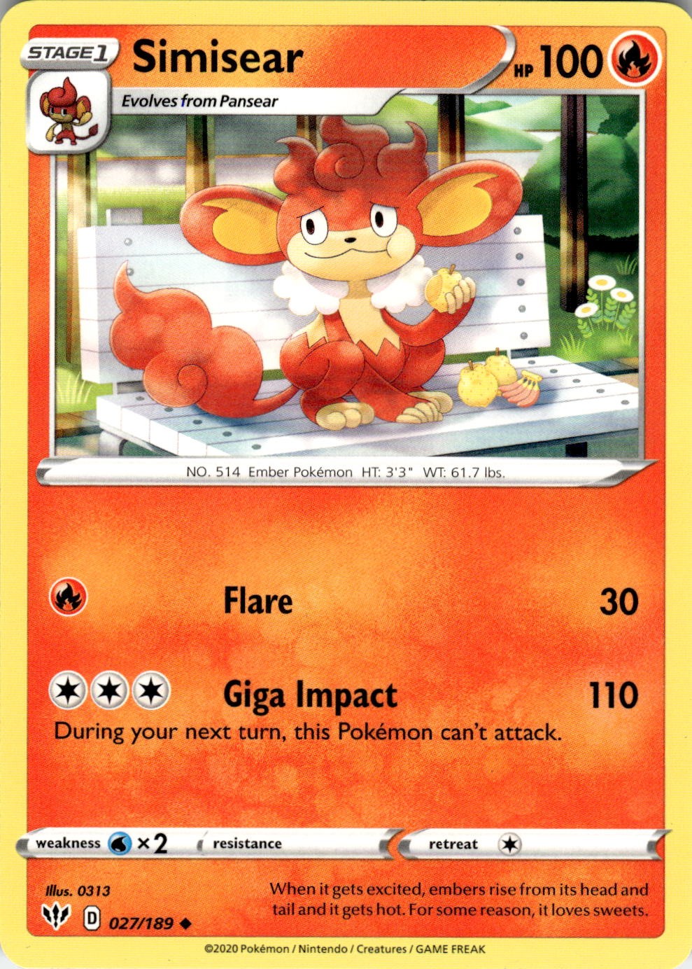 Simisear 027/189 Uncommon Darkness Ablaze Pokemon Near Mint