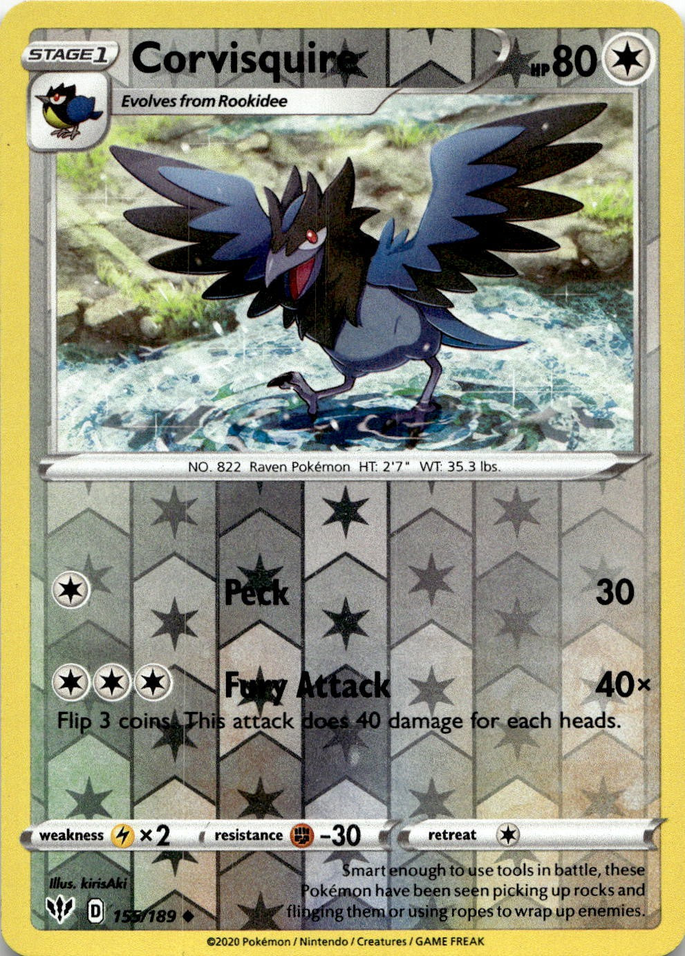 Corvisquire 155/189 Uncommon Darkness Ablaze Pokemon Reverse Holo Lightly Played