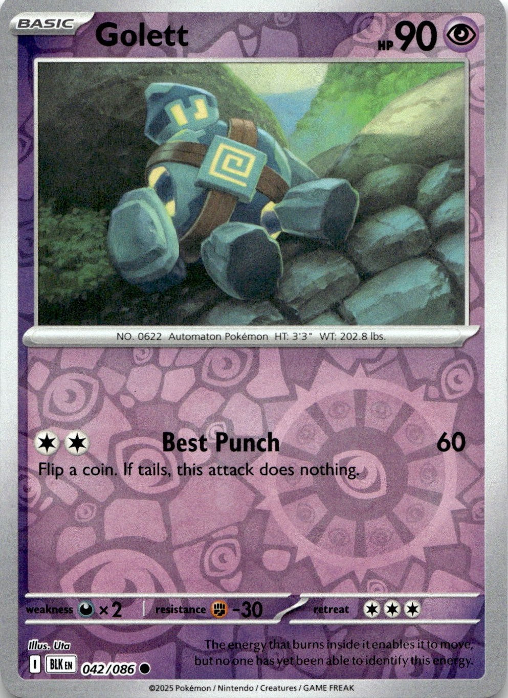 Golett 042/086 Common Black Bolt Pokemon Reverse Holo Near Mint