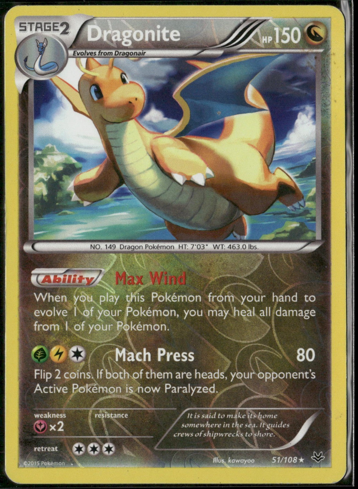 Dragonite (51) Reverse Holo Rare XY - Roaring Skies 51/108 NM