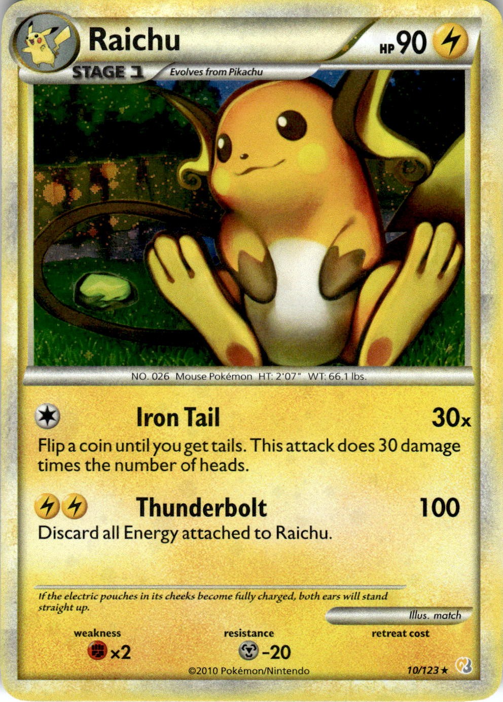 2010 POKEMON RAICHU 10/123 HOLO RARE HEARTGOLD & SOULSILVER NEAR MINT