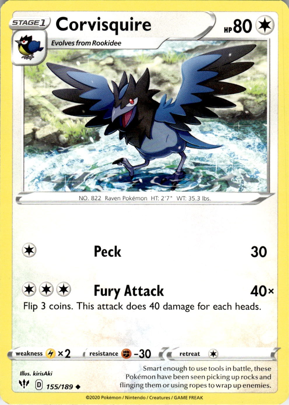 Corvisquire 155/189 Uncommon Darkness Ablaze Pokemon Near Mint