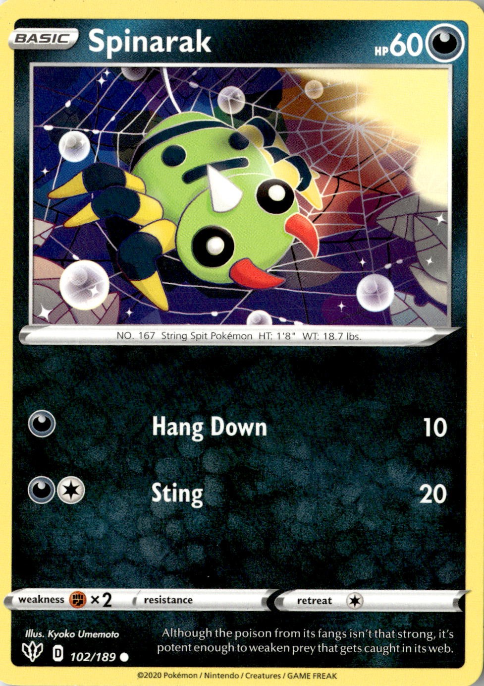 2020 POKEMON SPINARAK 102/189 COMMON DARKNESS ABLAZE NEAR MINT