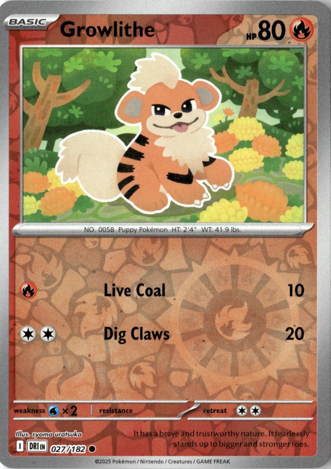 2025 POKEMON GROWLITHE 027/182 COMMON DESTINED RIVALS NEAR MINT