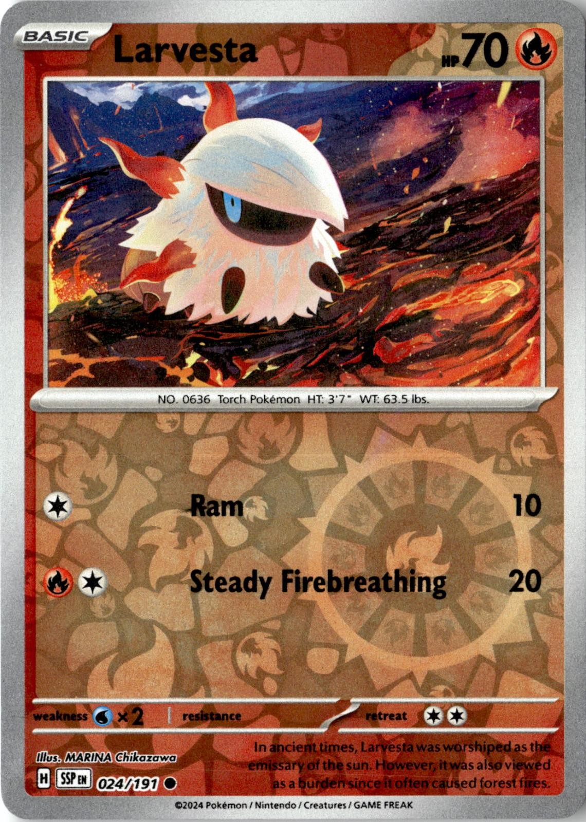 2024 POKEMON LARVESTA 024/191 COMMON SURGING SPARKS REVERSE HOLO NEAR MINT