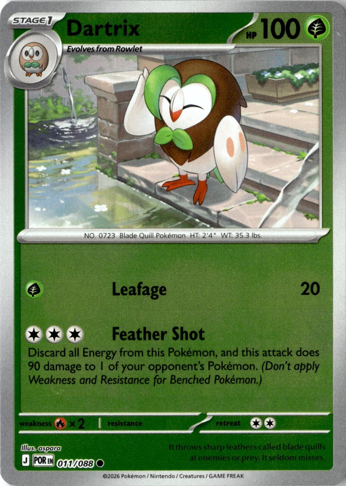 2026 POKEMON DARTRIX 011/088 COMMON PERFECT ORDER REVERSE HOLO NEAR MINT