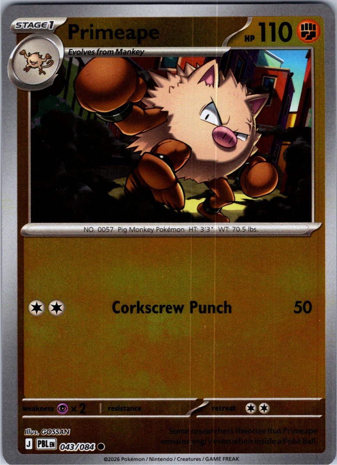 Primeape 043/084 Common Pitch Black Pokemon Lightly Played