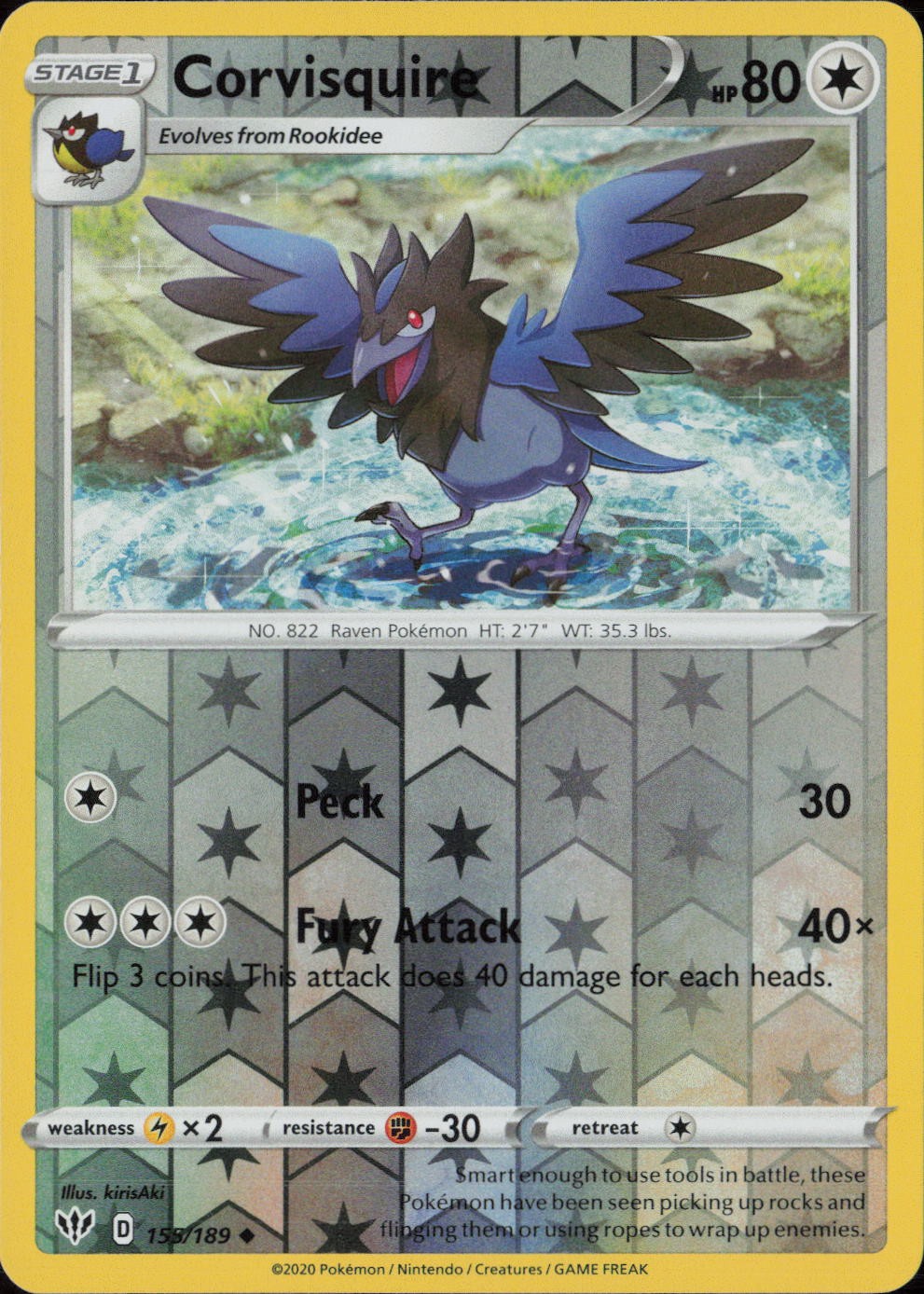Corvisquire Reverse Holo Uncommon SWSH03: Darkness Ablaze 155/189 NM