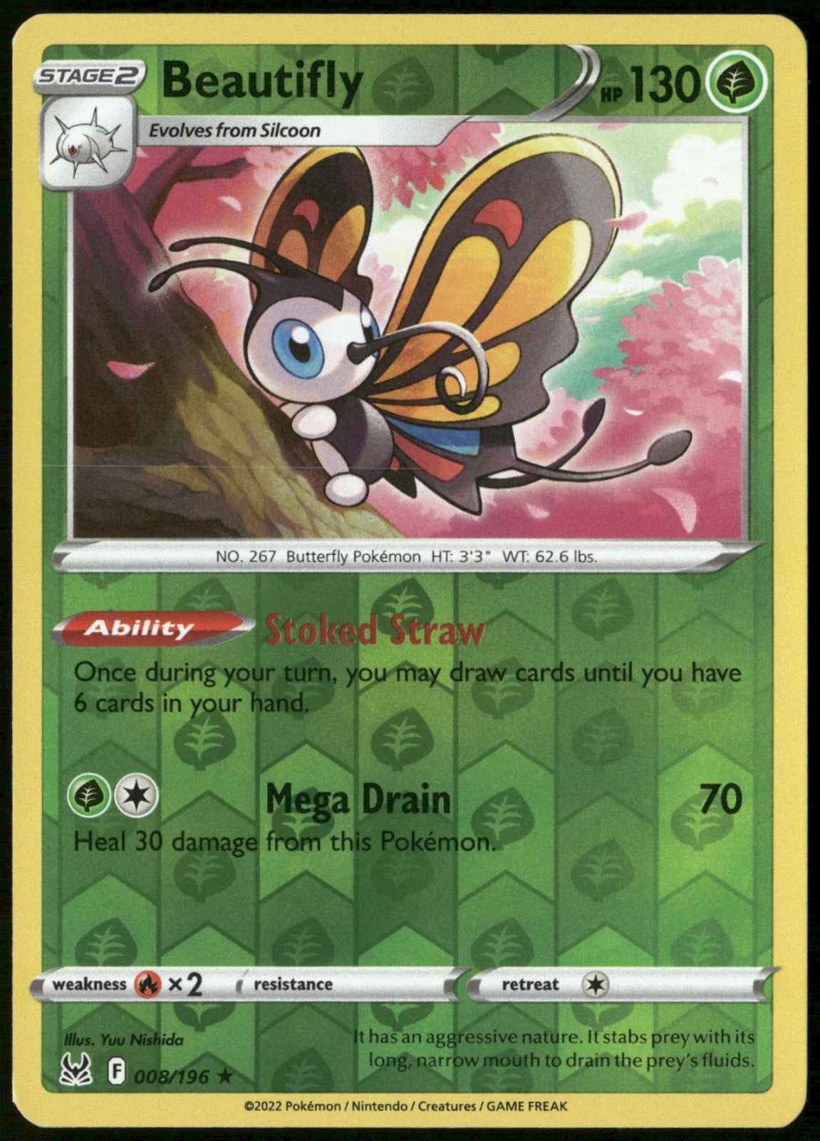 Beautifly Reverse Holo Holo Rare SWSH11: Lost Origin 008/196 NM